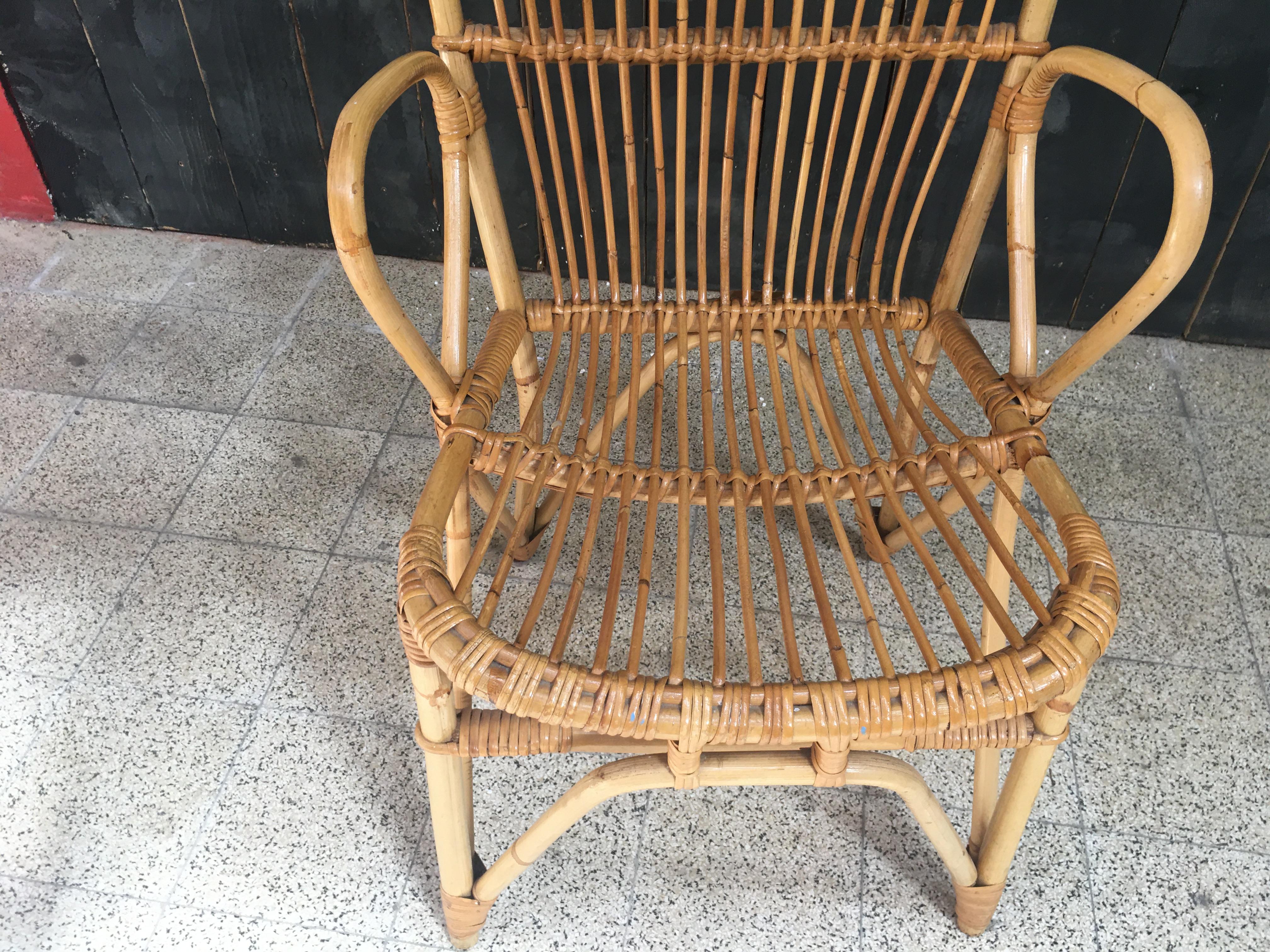 Poltrona in bambù e rattan, 1970 circa in vendita 2