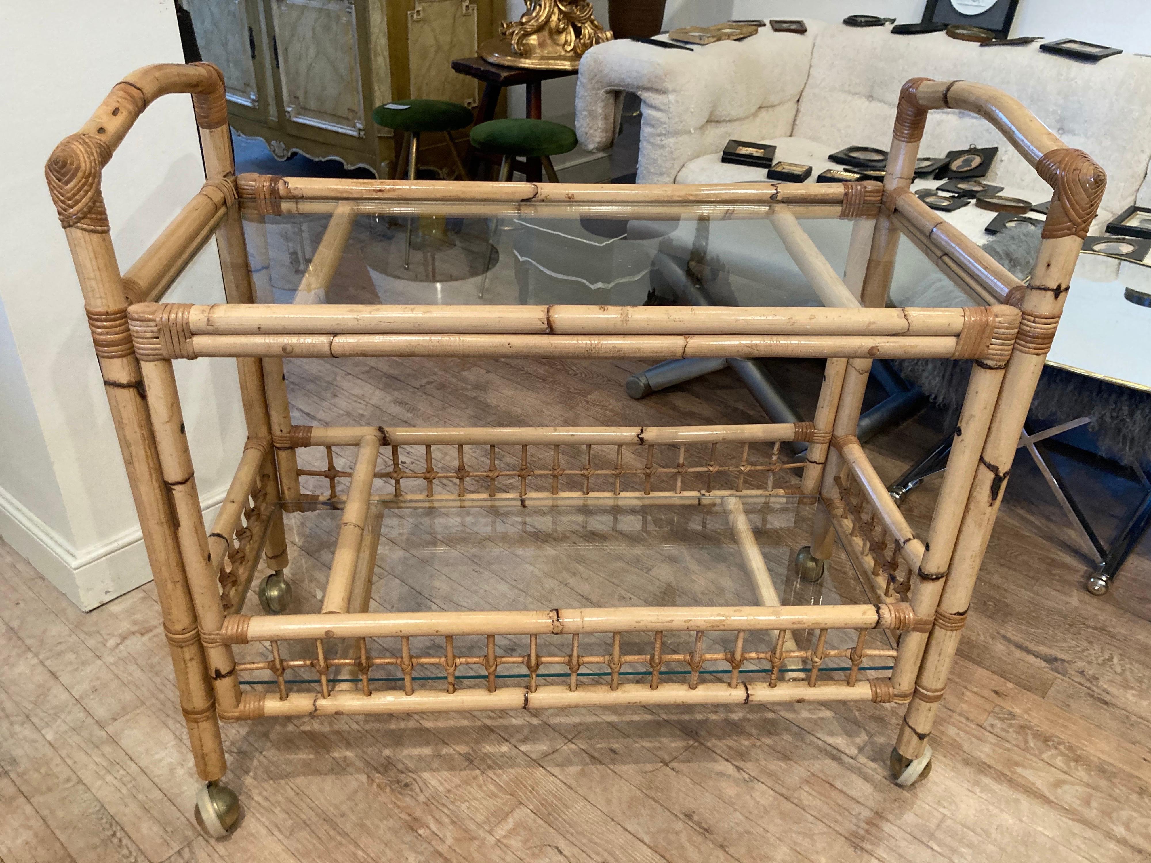 Bamboo and Rattan Bar Cart In Good Condition In East Hampton, NY