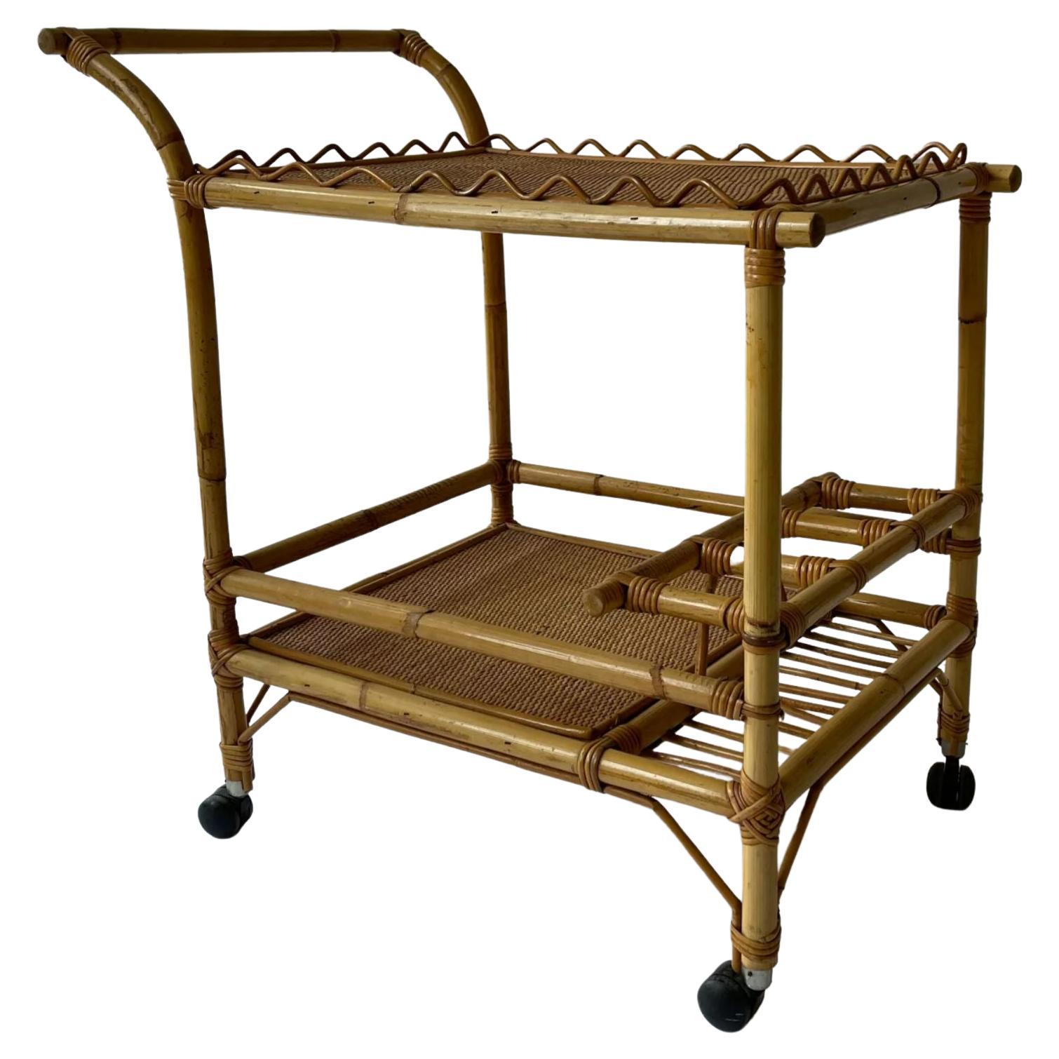 French Bamboo and Rattan Bar Trolley with Scalloped Detail, 1960s For Sale