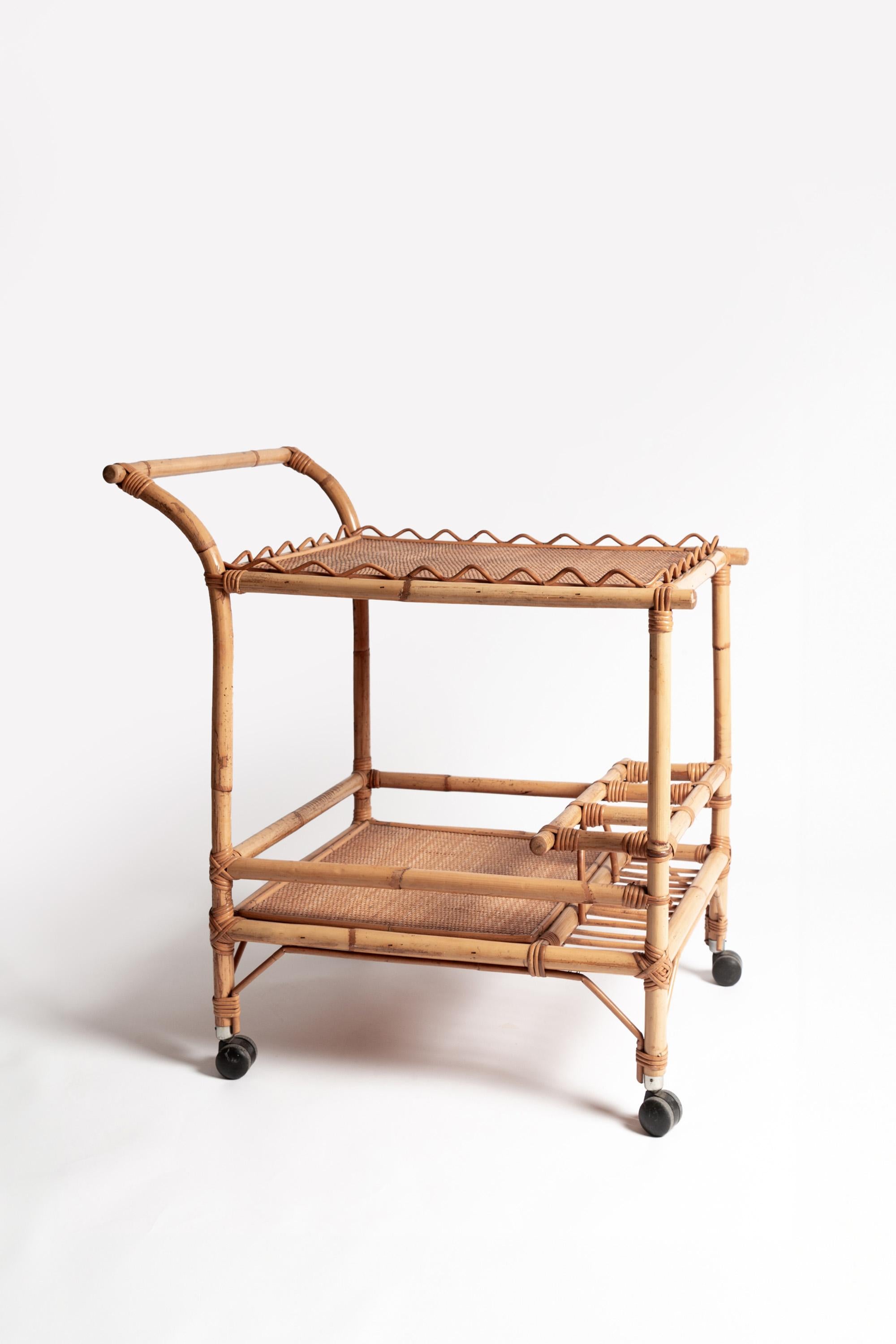 20th Century Bamboo and Rattan Bar Trolley with Scalloped Detail, 1960s For Sale