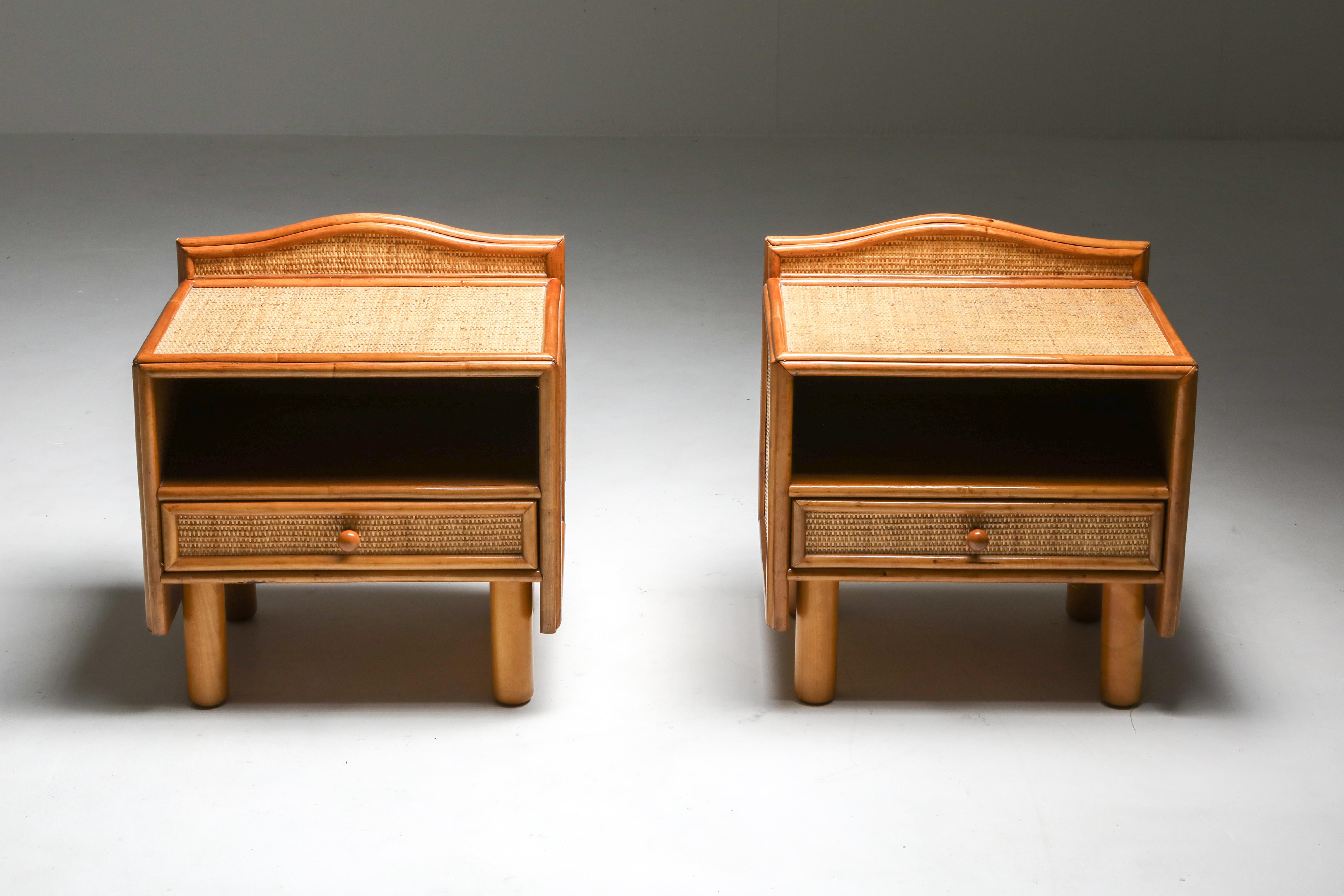 Hollywood Regency Bamboo and Rattan Bed Side Tables Vivai del Sud