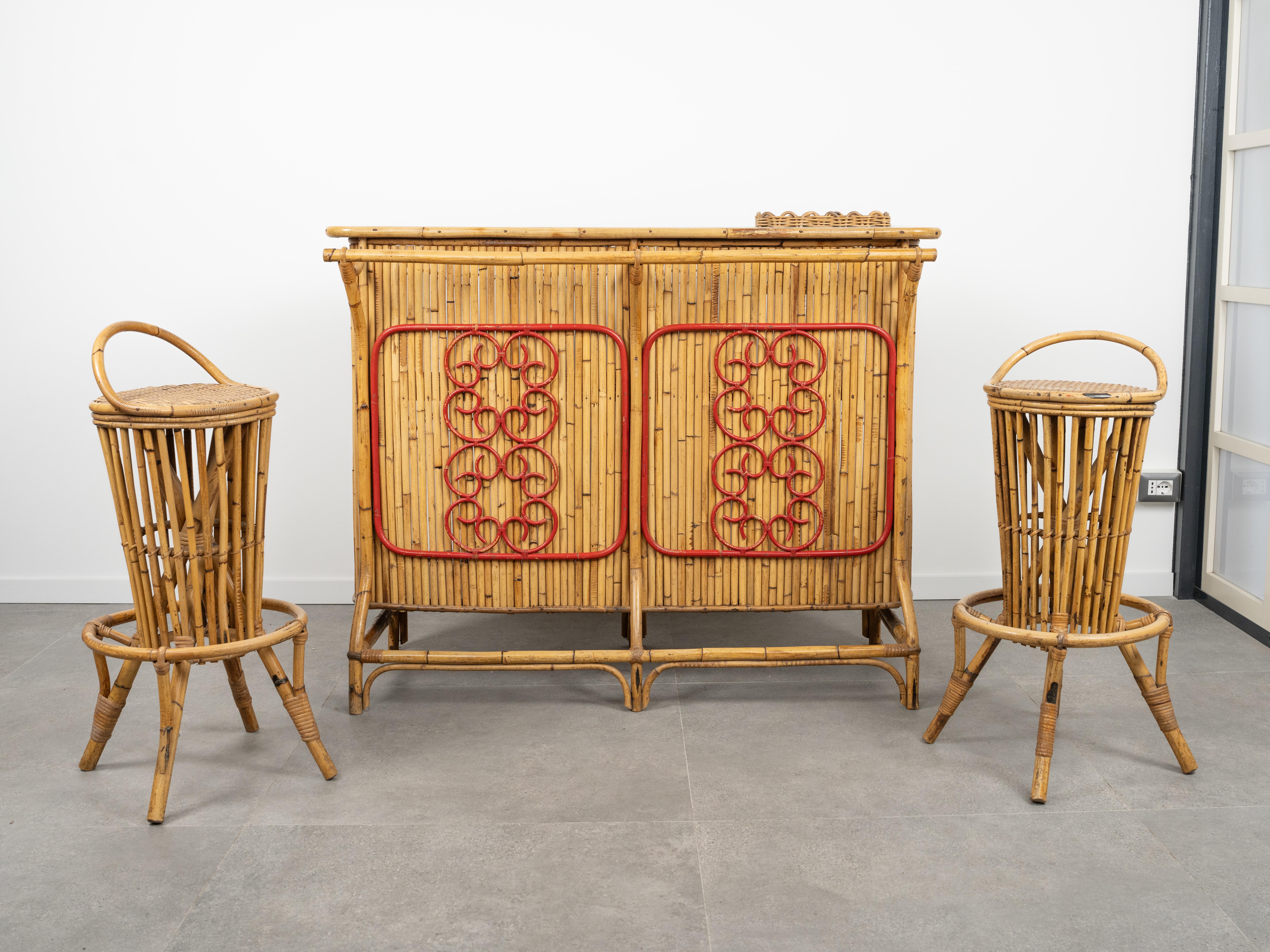 Bamboo and Rattan Cabinet Bar with Two Stools by Tito Agnoli, Italy 1950s For Sale 5