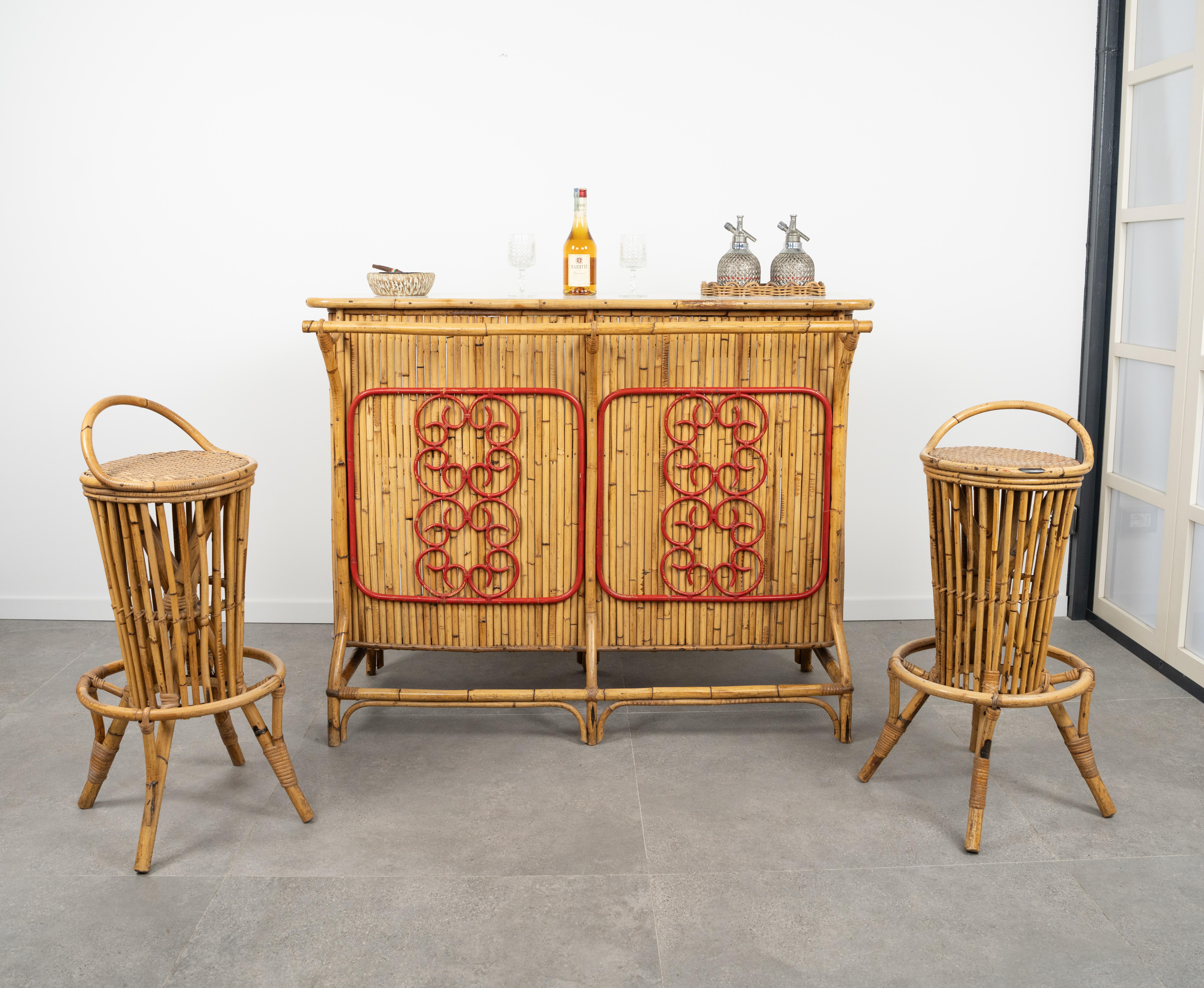 Bamboo and Rattan Cabinet Bar with Two Stools by Tito Agnoli, Italy 1950s For Sale 6