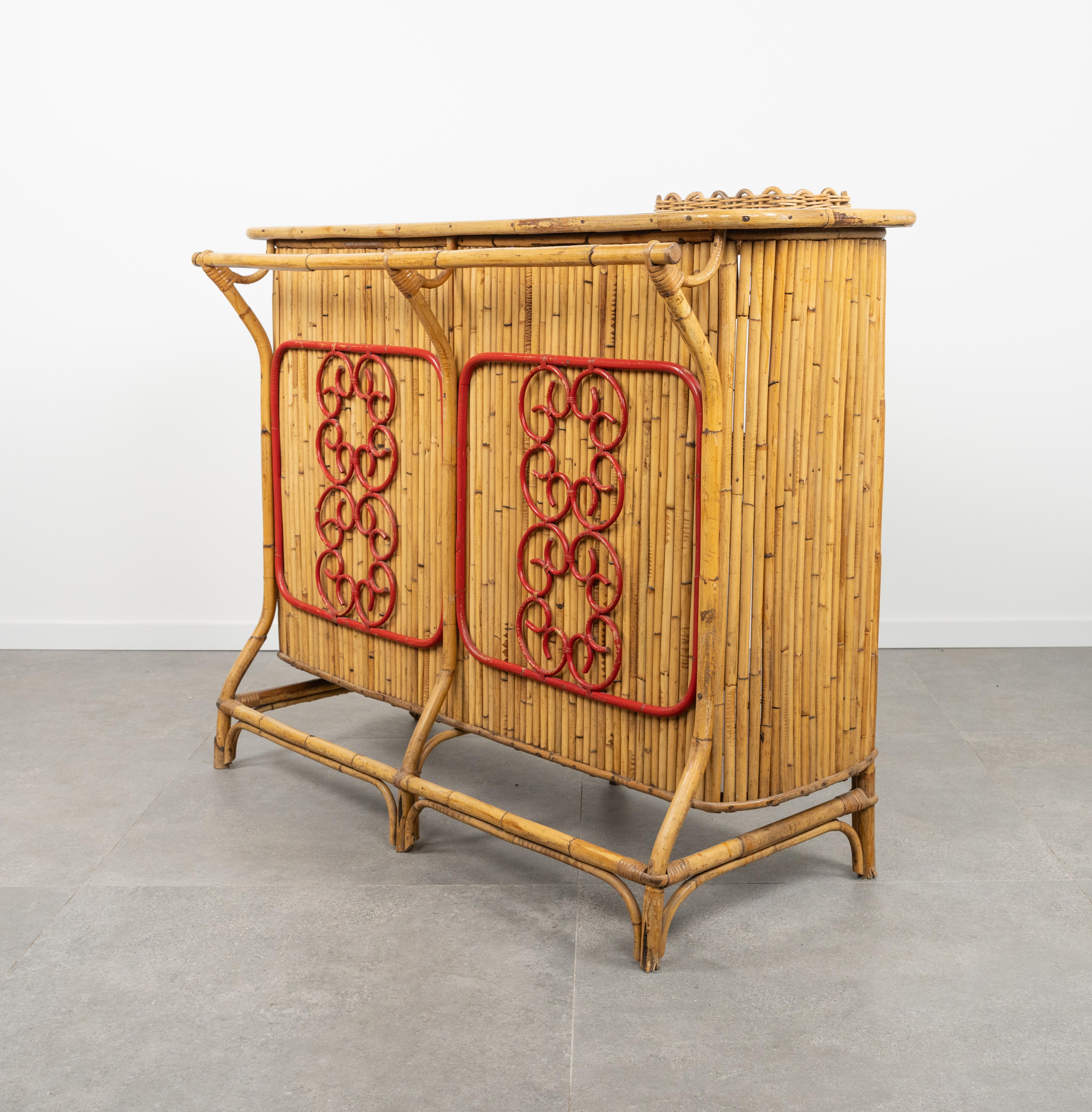 Bamboo and Rattan Cabinet Bar with Two Stools by Tito Agnoli, Italy 1950s For Sale 7