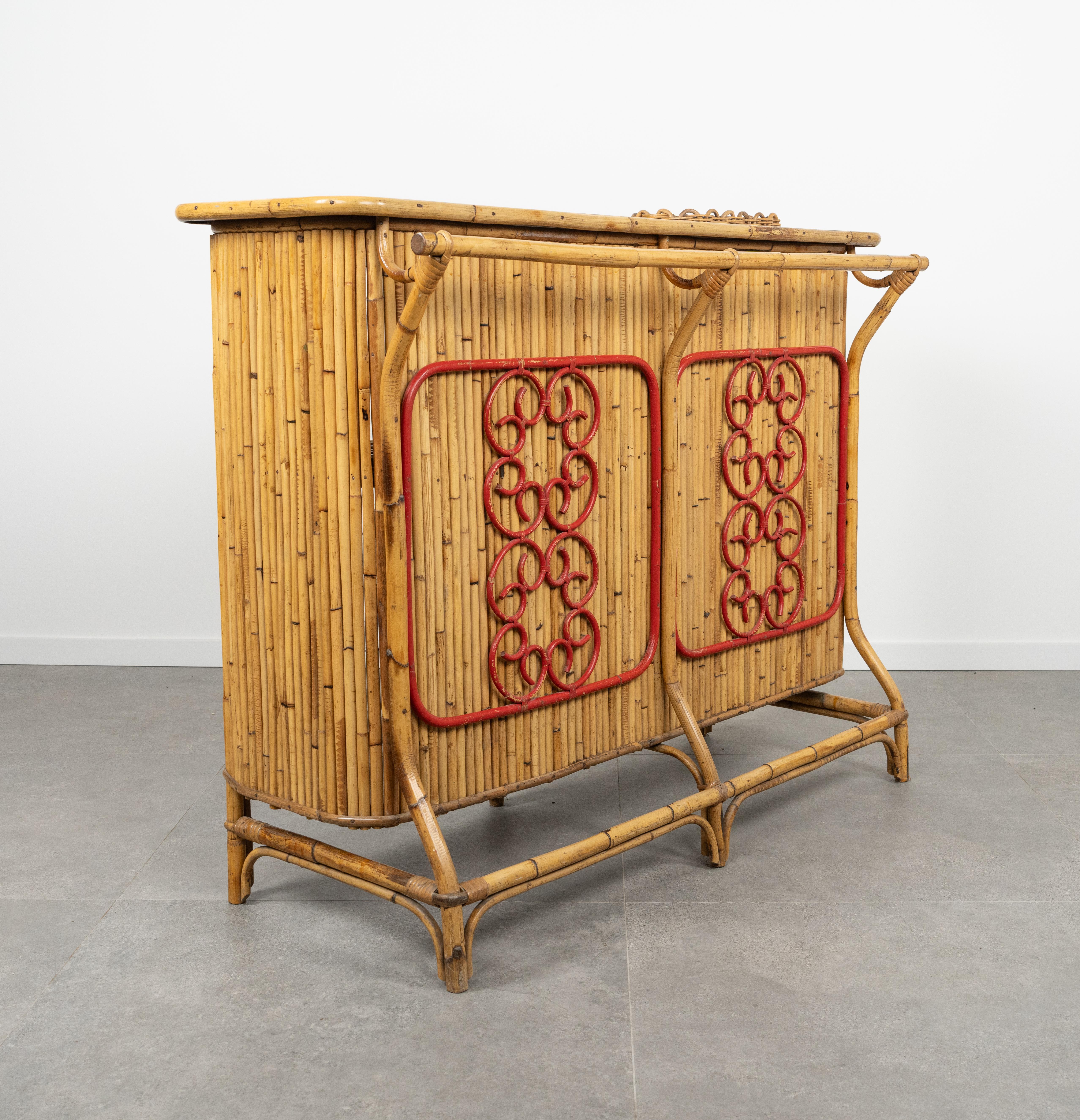 Bamboo and Rattan Cabinet Bar with Two Stools by Tito Agnoli, Italy 1950s For Sale 9