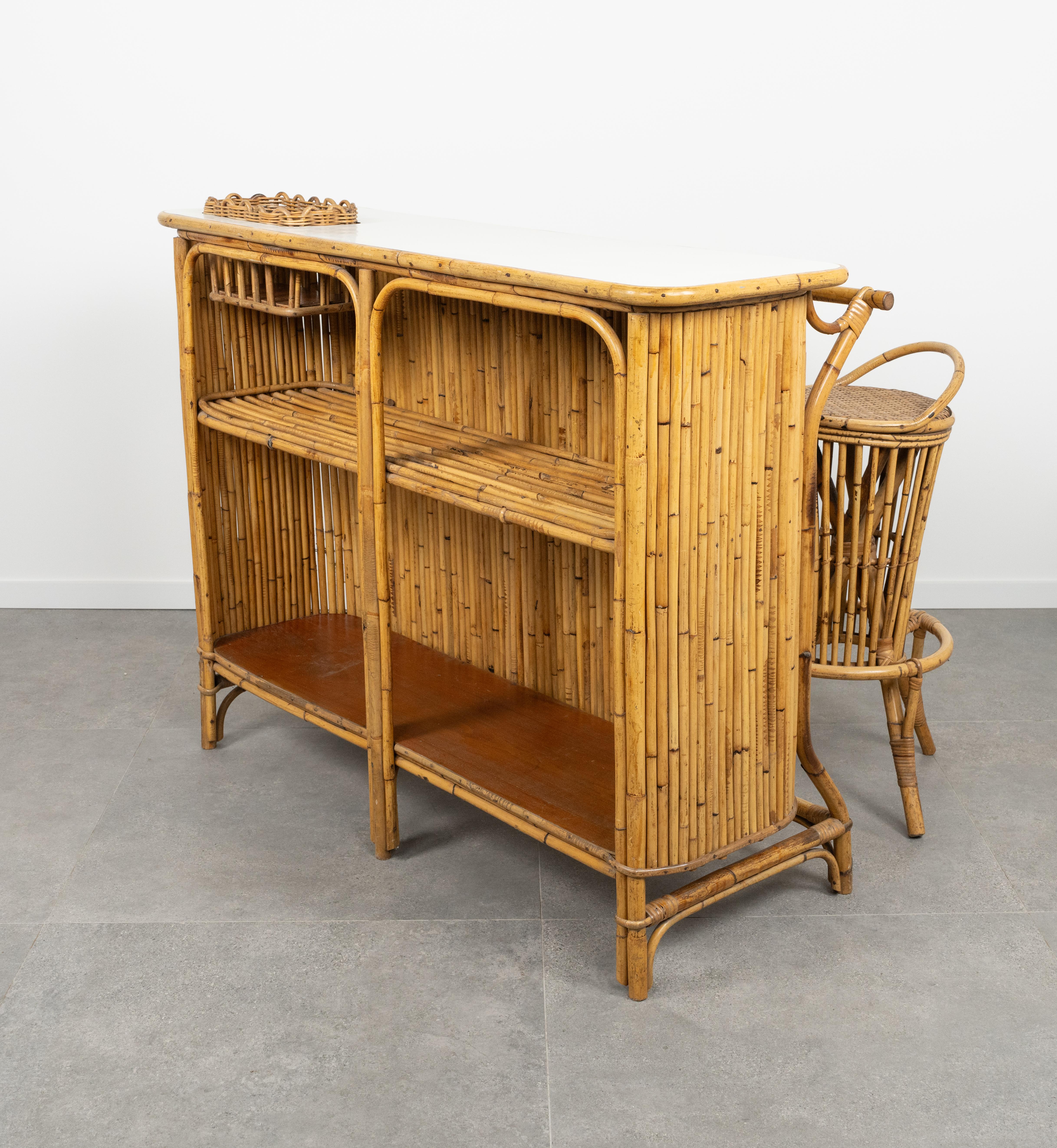 Bamboo and Rattan Cabinet Bar with Two Stools by Tito Agnoli, Italy 1950s For Sale 11
