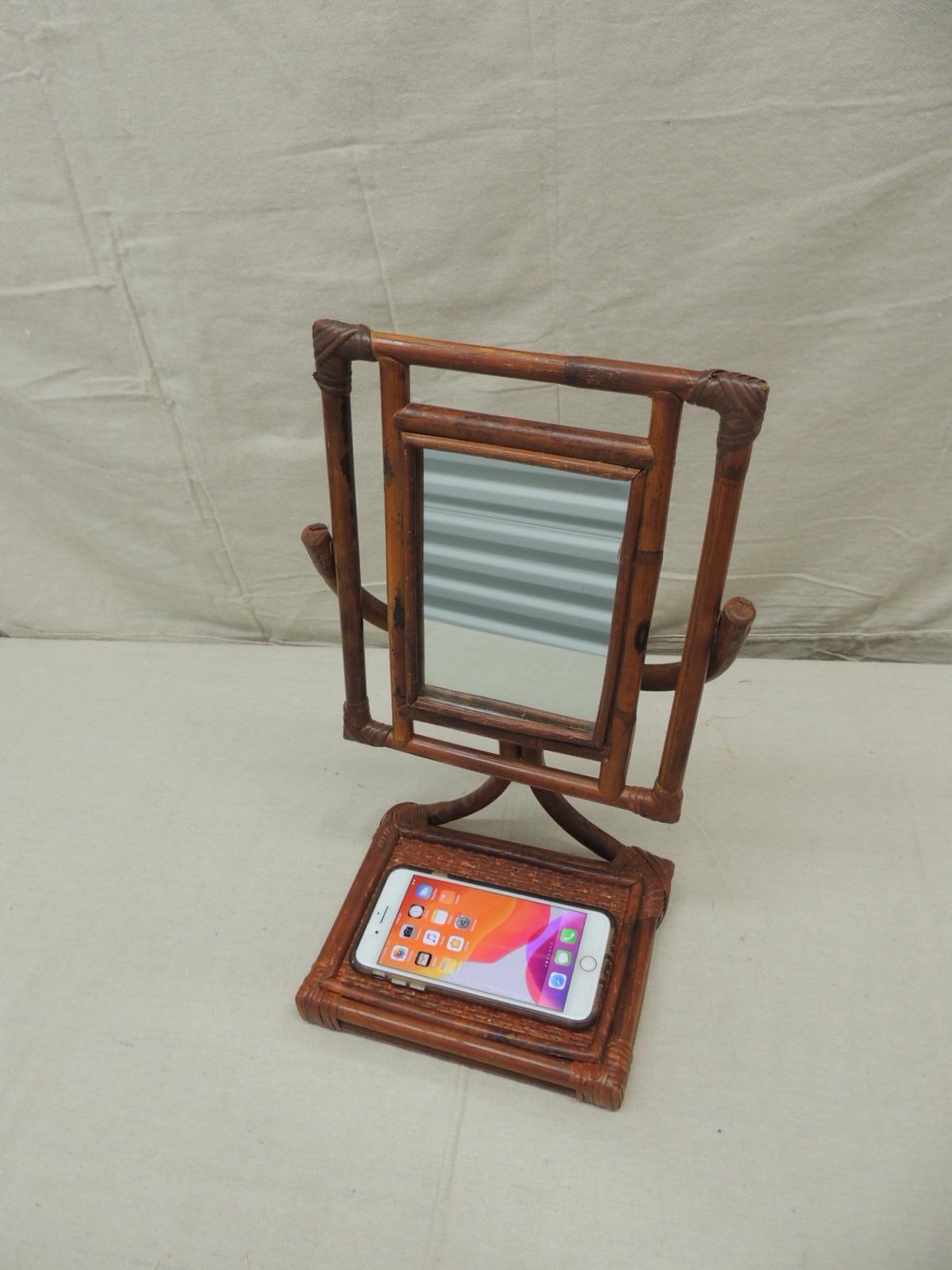 Hand-Crafted Bamboo and Rattan Campaign Vanity Mirror with Tray Stand