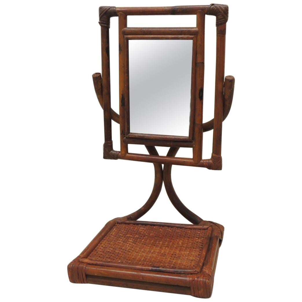 Bamboo and Rattan Campaign Vanity Mirror with Tray Stand