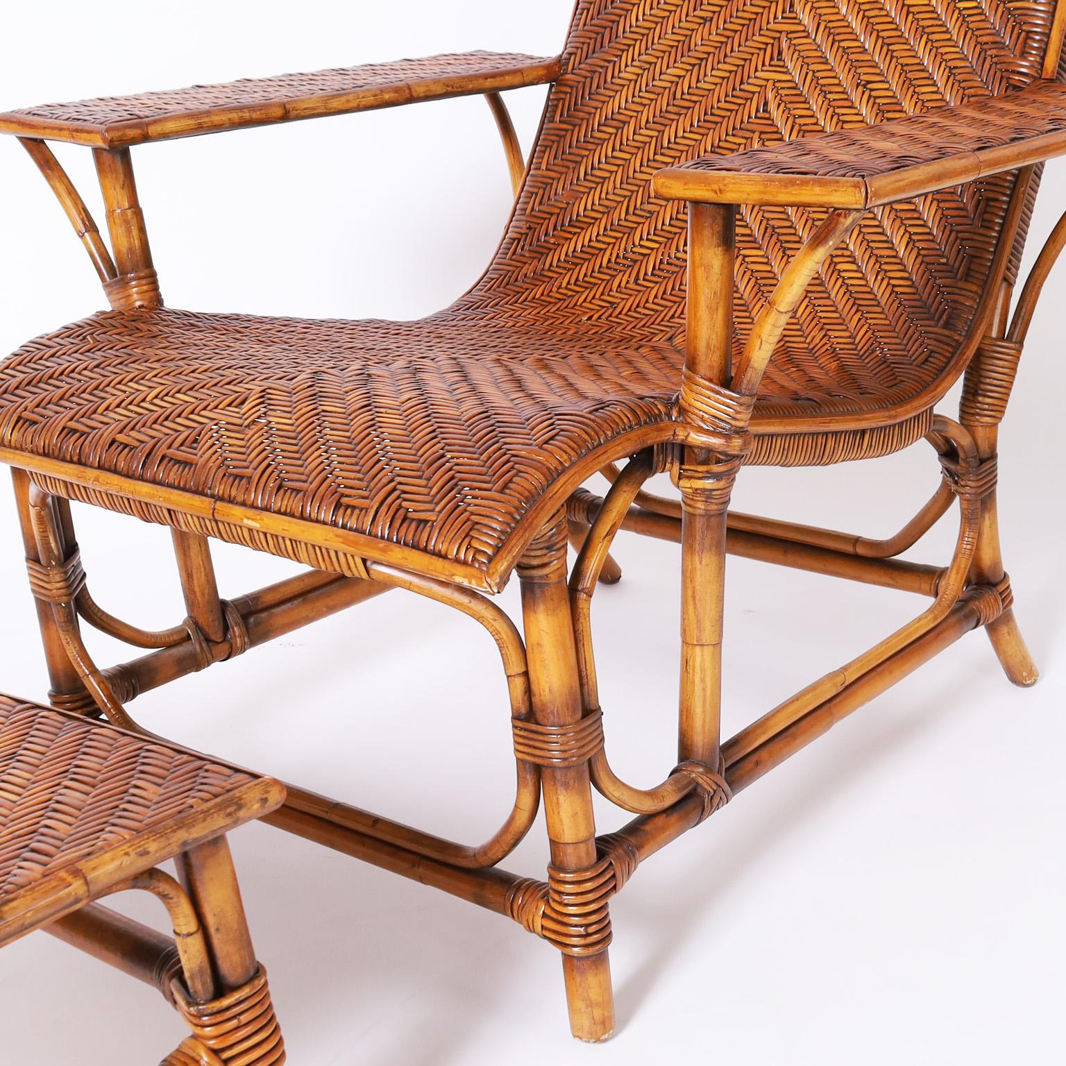 20th Century Bamboo and Rattan Chair and Ottoman For Sale
