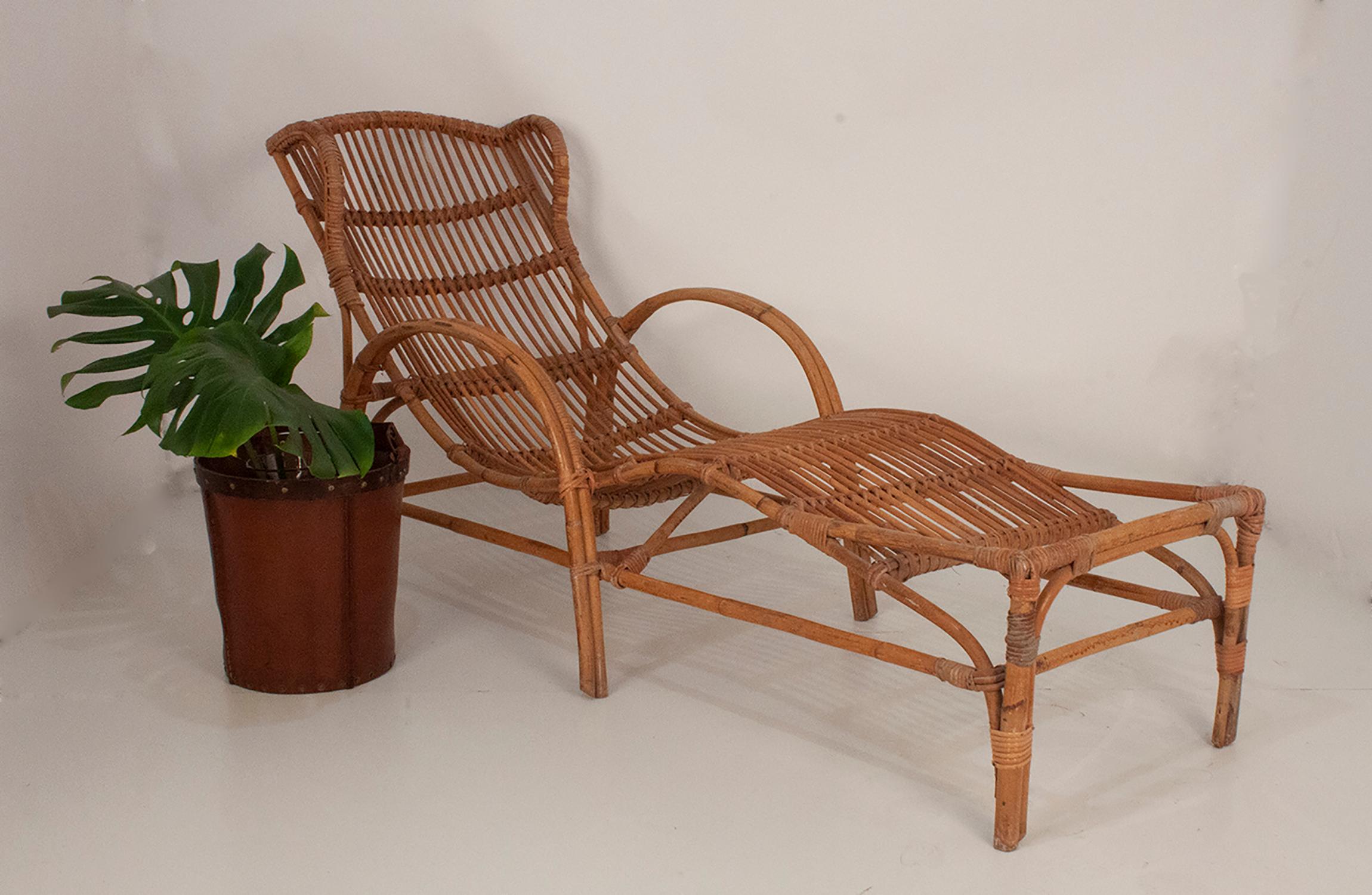 Mid-20th Century Bamboo and Rattan Chaise Lounge Midcentury, Spain