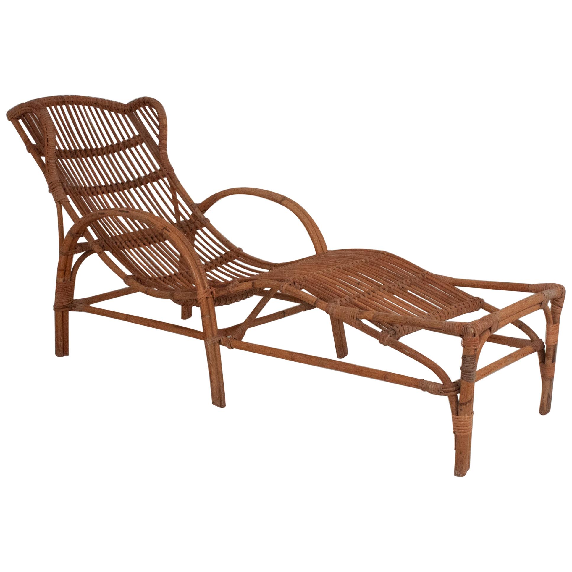 Bamboo and Rattan Chaise Lounge Midcentury, Spain