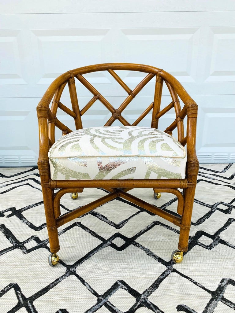 Mid-Century Modern Bamboo and Rattan Chippendale Chair Upholstered in Pierre Frey Velvet, c. 1970's For Sale