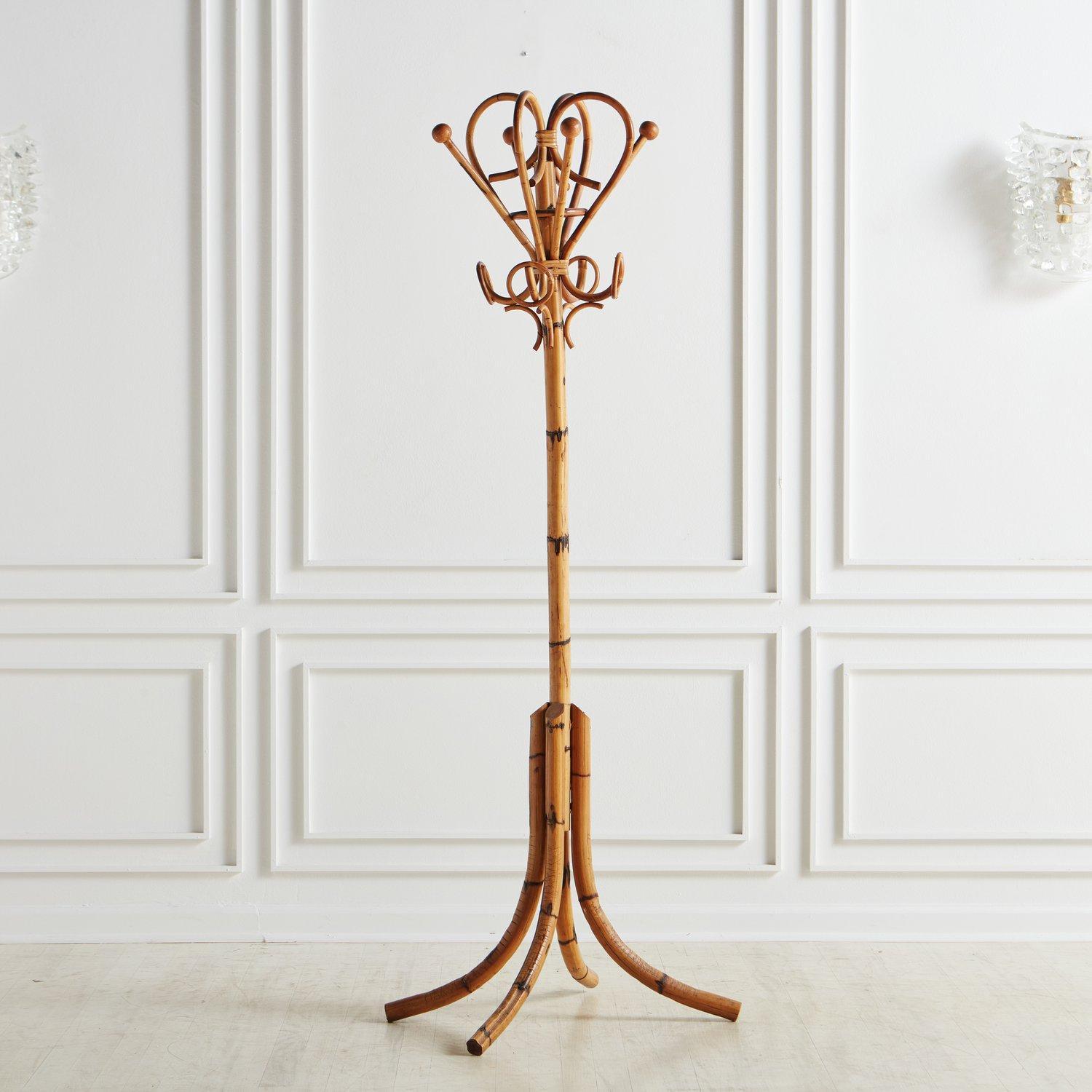 A beautiful bamboo and rattan coat rack in the style of Franco Albini. This accent piece offers an organic elegance and would look fabulous in an entryway. Sourced in France, 1970s.