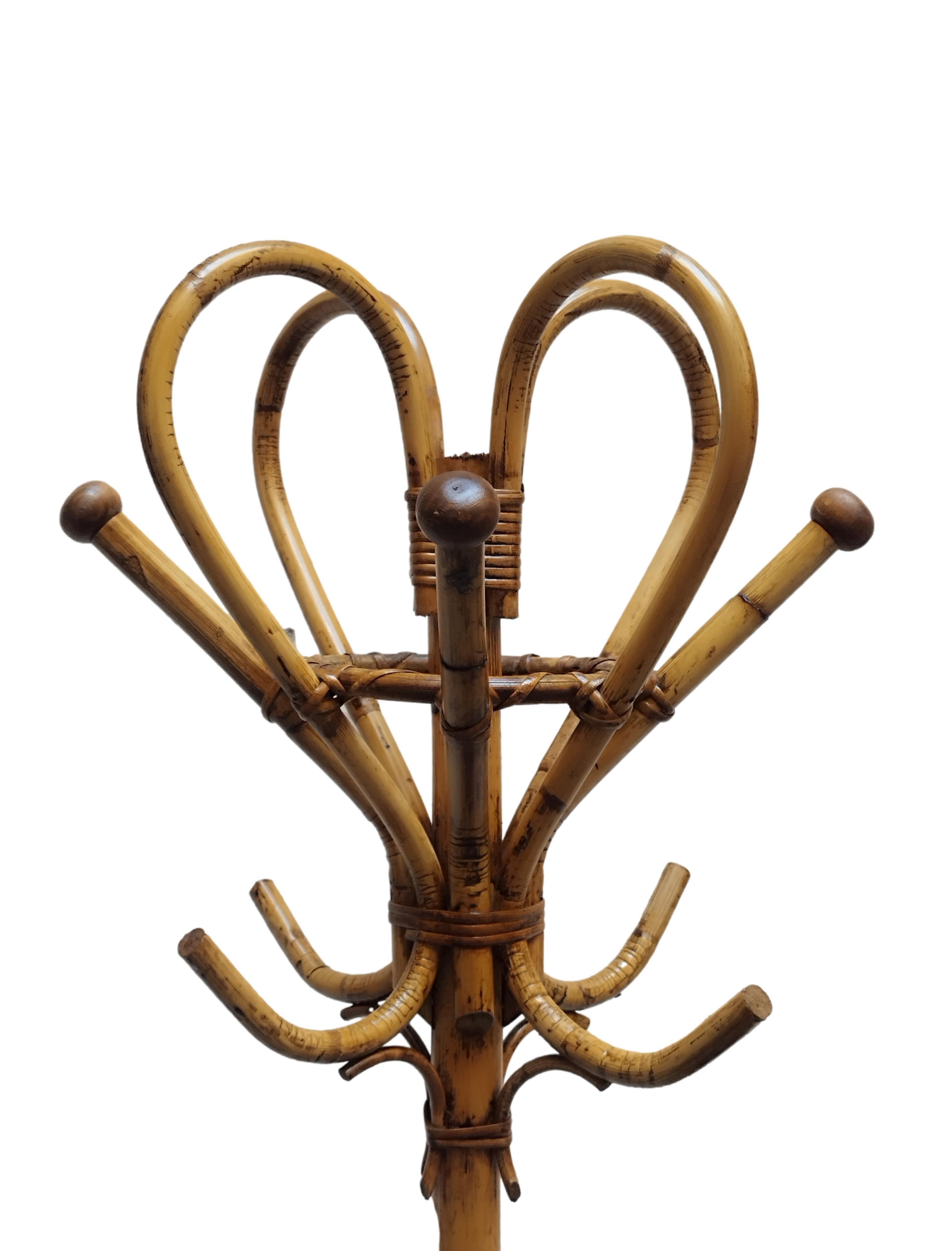 Mid-Century Modern Bamboo and Rattan Coat Rack, Italy, 1960s For Sale