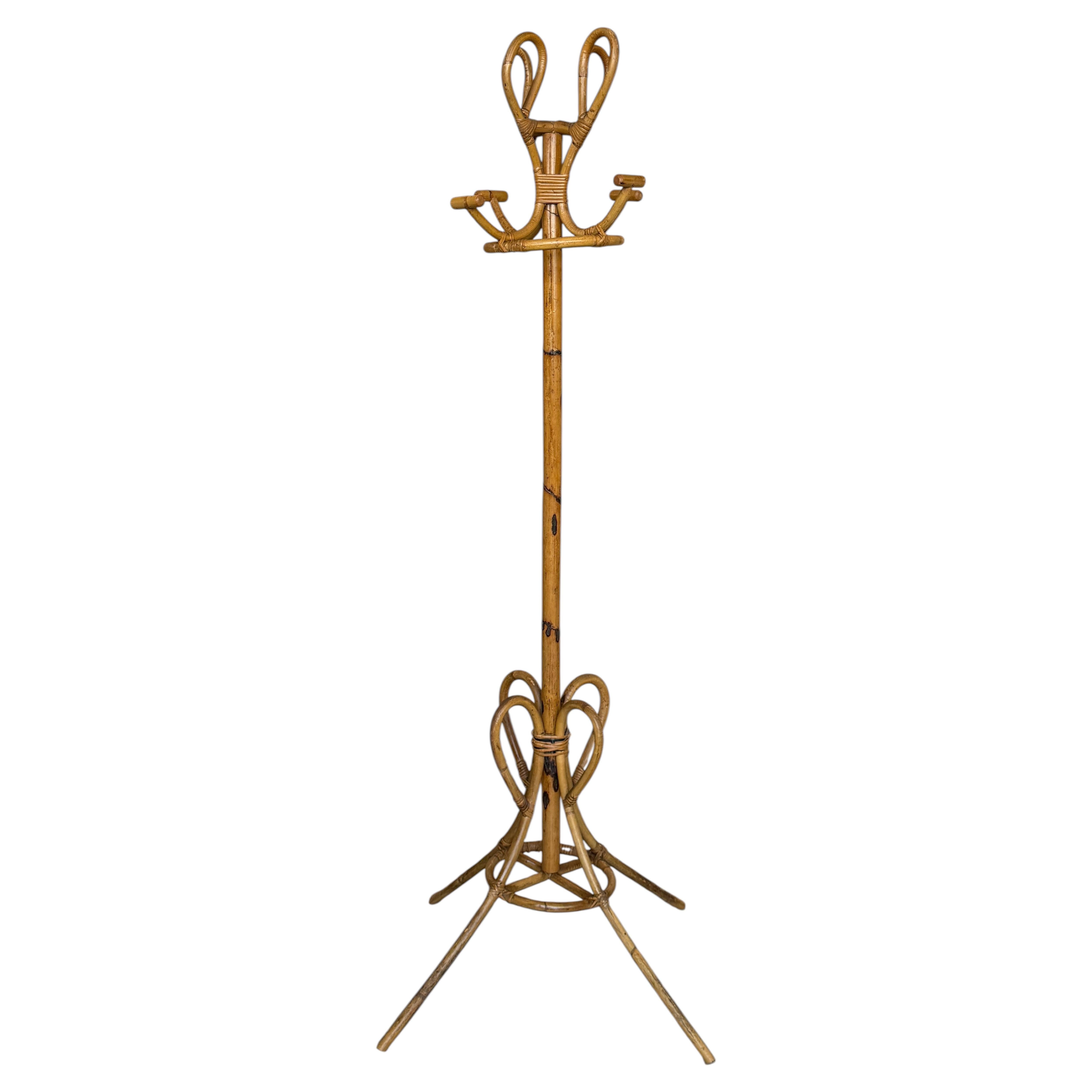 Bamboo and Rattan Coat Rack with Large Base, Italy, 1960s