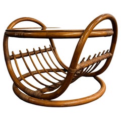 Bamboo and Rattan Coffee Table with Sculptural Curved Design and Glass Top