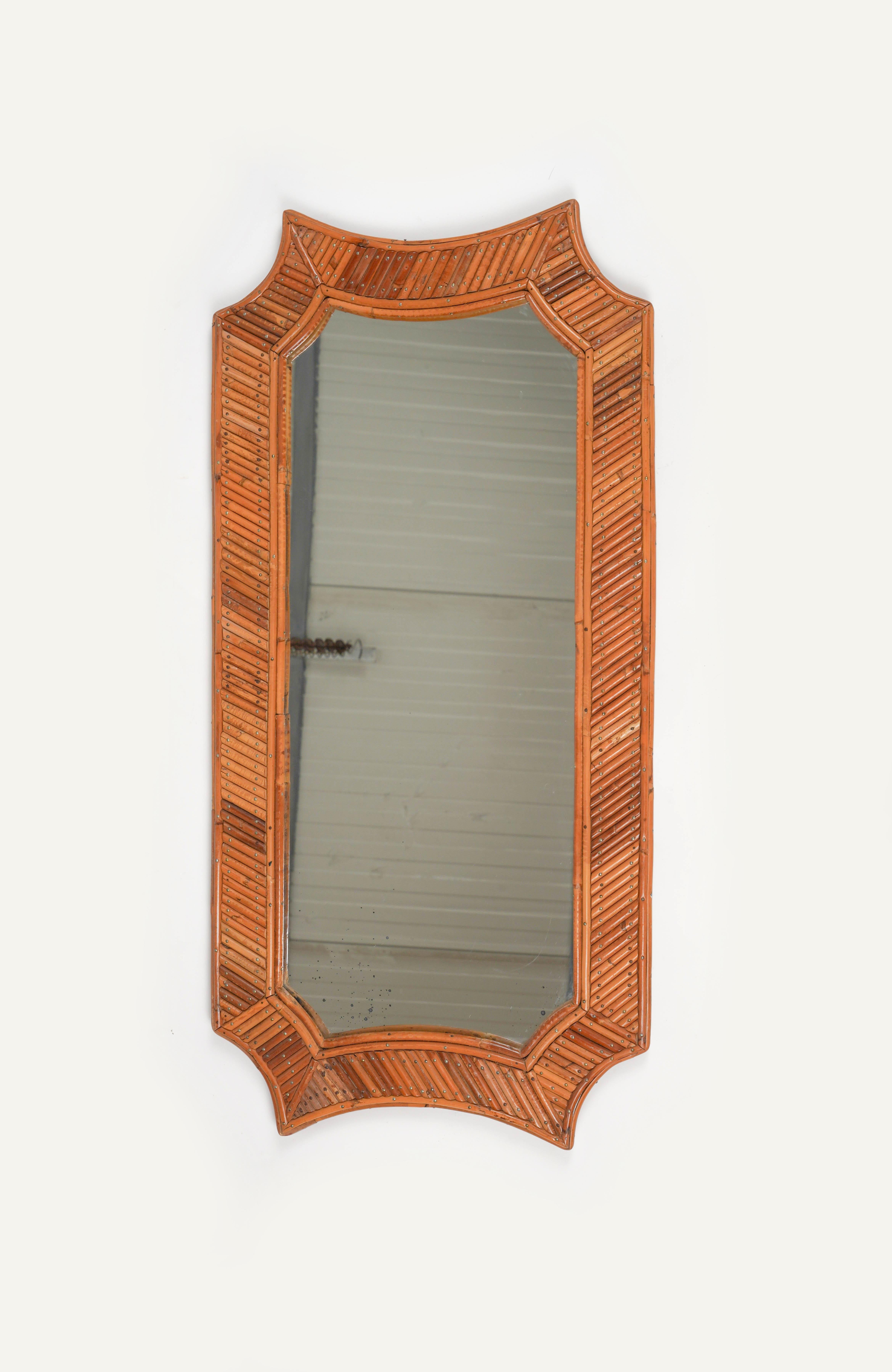 Italian Bamboo and Rattan Geometric Wall Mirror Vivai Del Sud Style, Italy 1960s For Sale