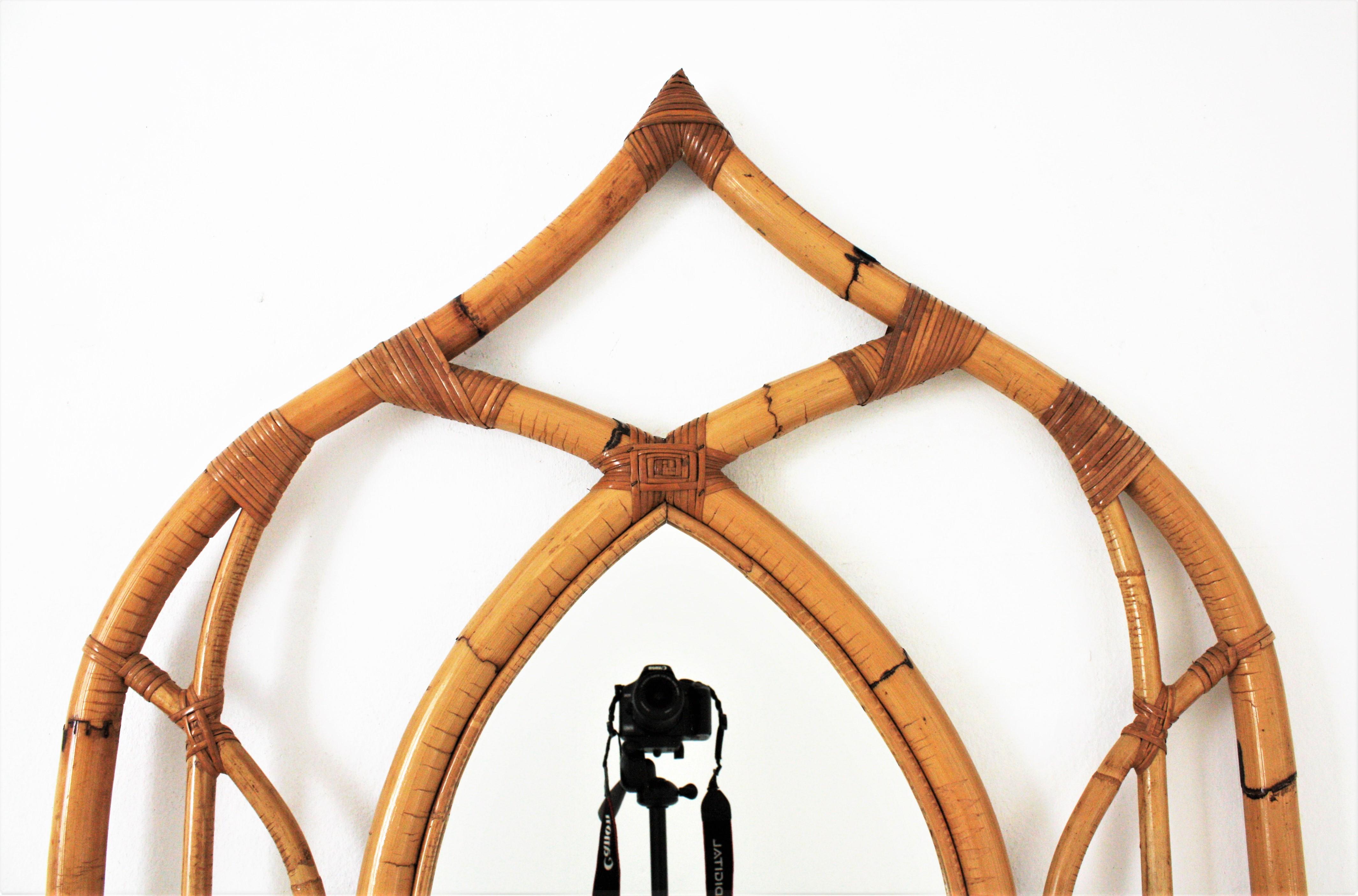 Mid-Century Modern Bamboo Rattan Italian Modernist Arabic Inspired Wall Mirror For Sale