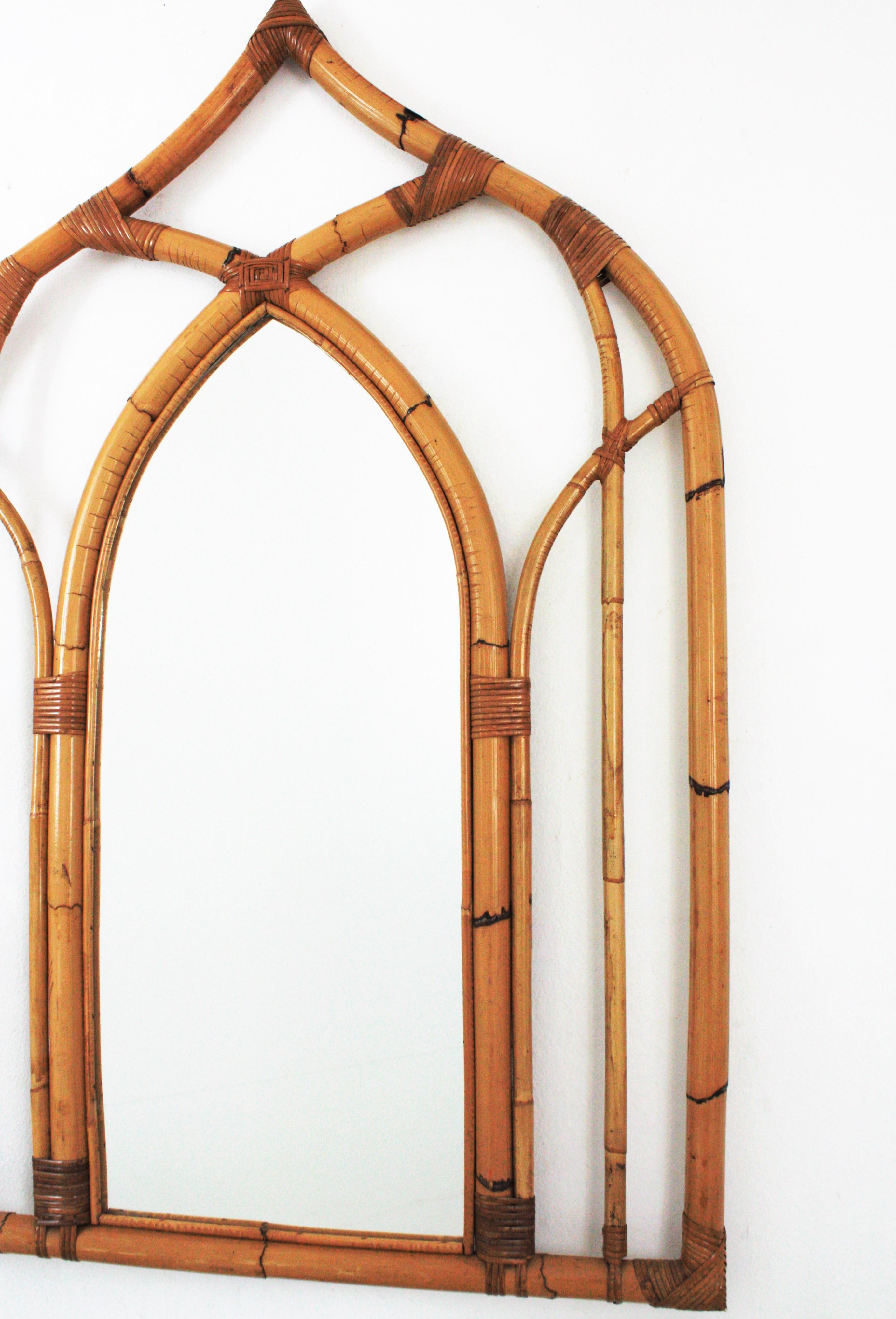 20th Century Bamboo Rattan Italian Modernist Arabic Inspired Wall Mirror For Sale