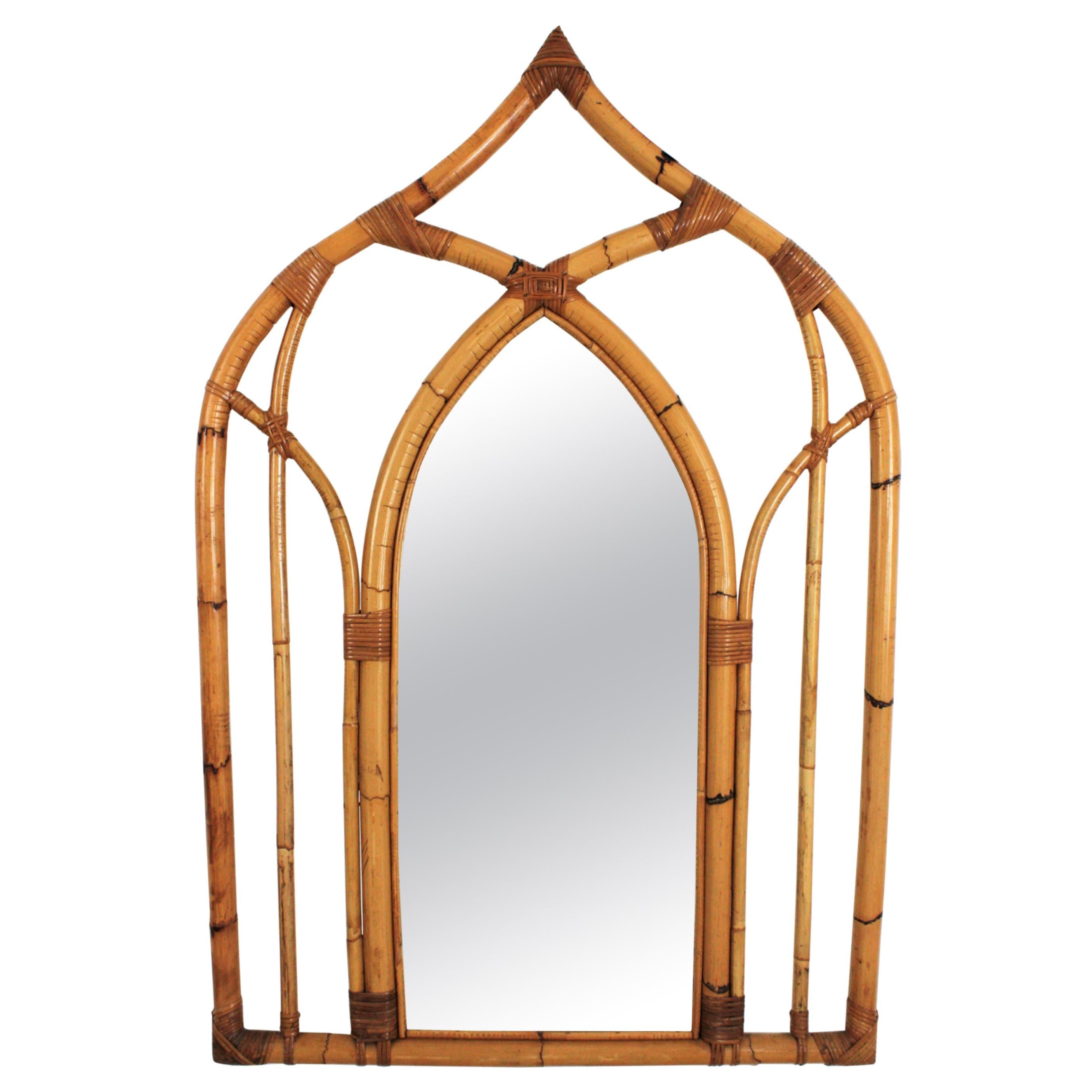 Bamboo Rattan Italian Modernist Arabic Inspired Wall Mirror For Sale