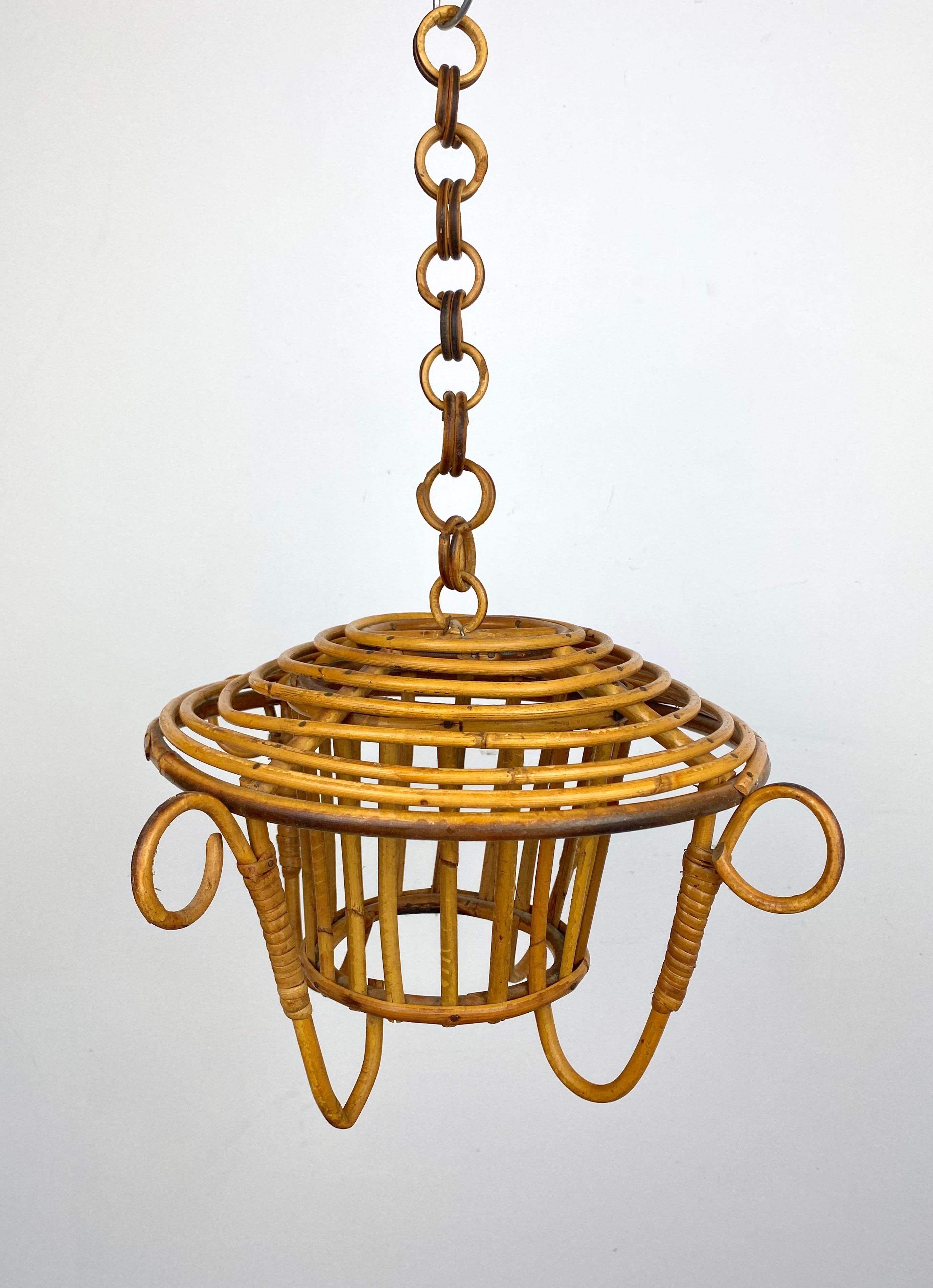 Mid-Century Modern Bamboo and Rattan Lantern Chandelier Pendant, Italy, 1960s