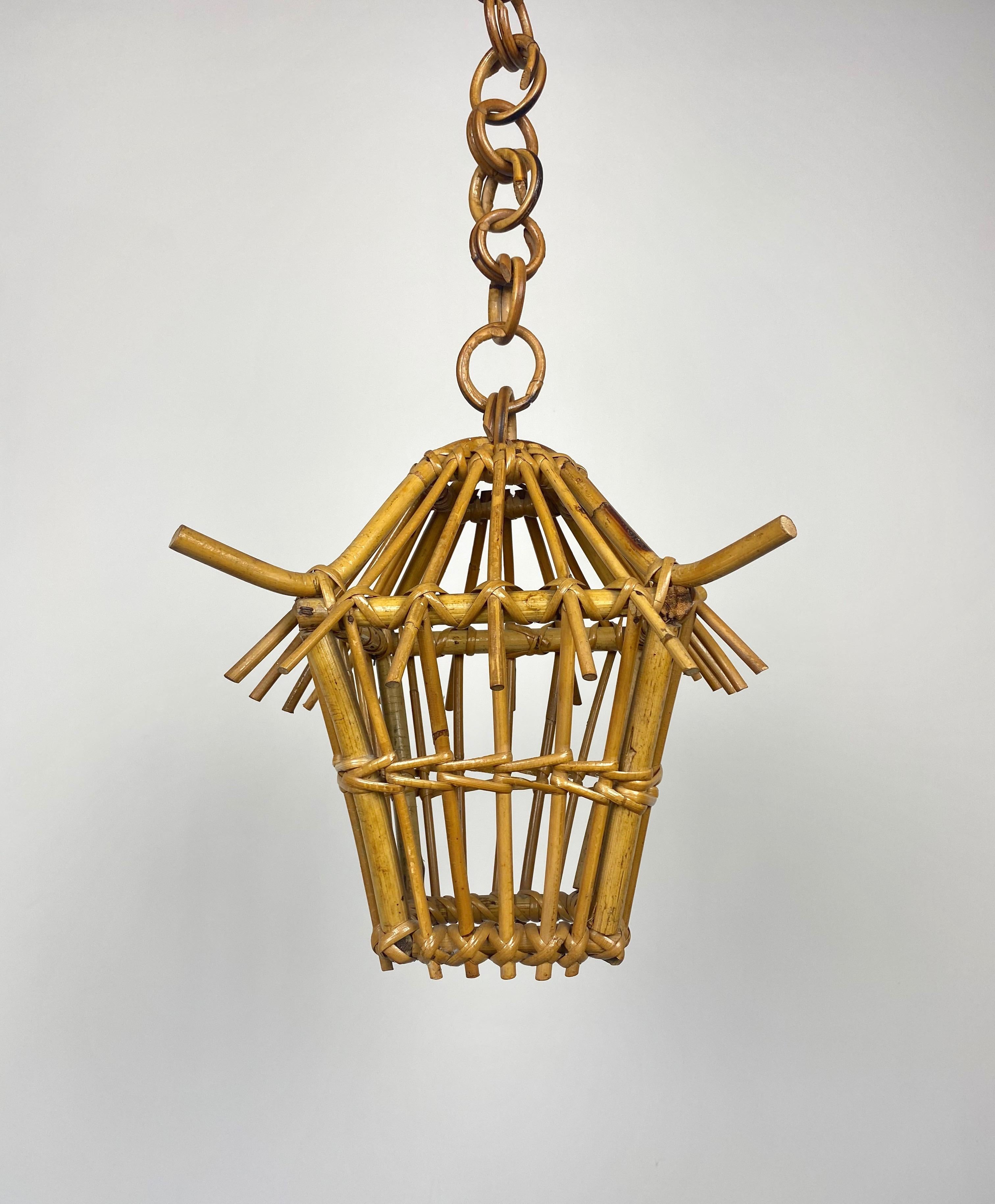 Italian Bamboo and Rattan Lantern Chandelier Pendant, Italy, 1960s For Sale