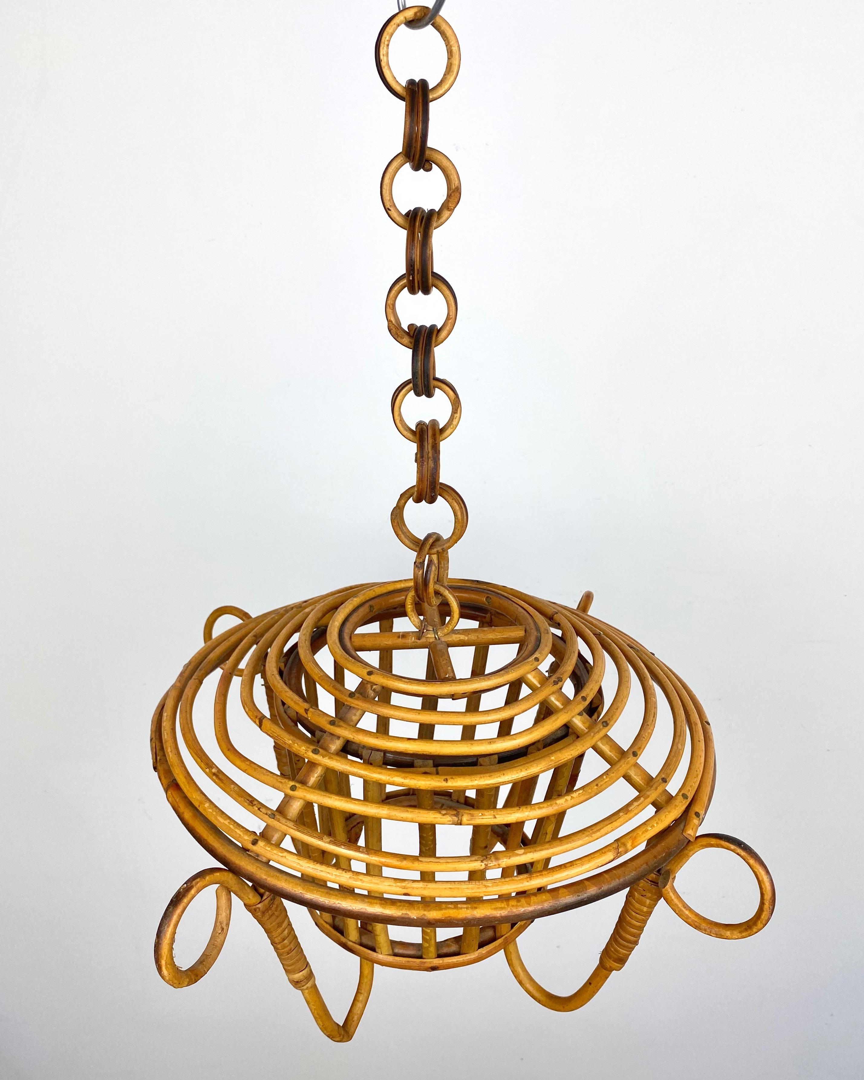 Bamboo and Rattan Lantern Chandelier Pendant, Italy, 1960s In Good Condition In Rome, IT