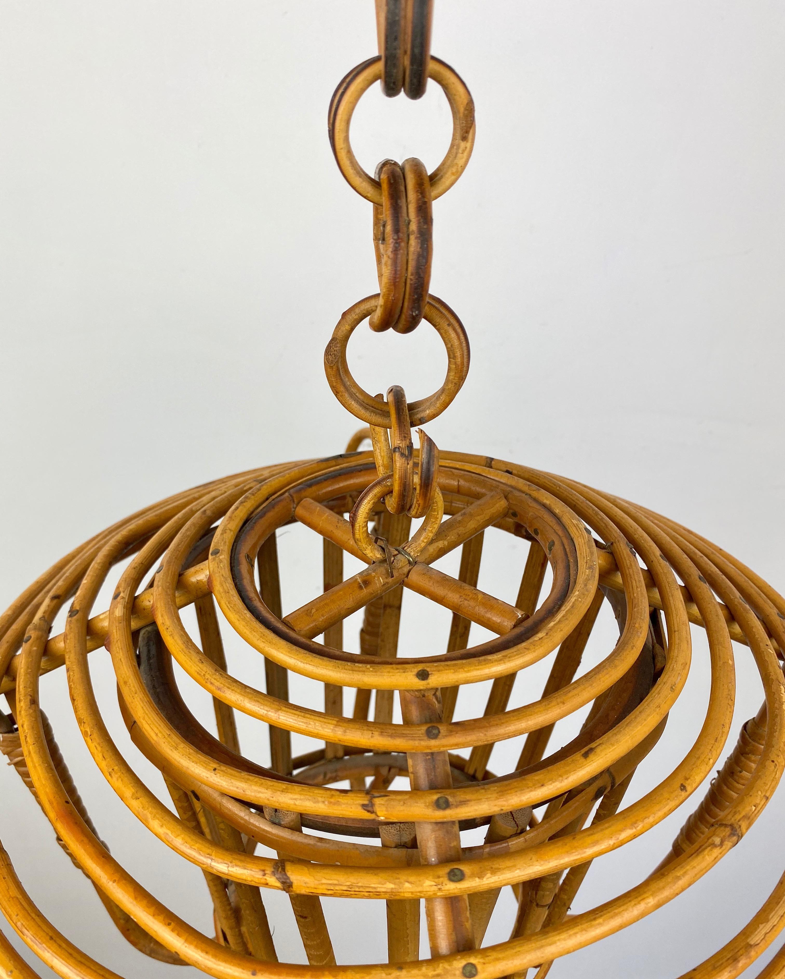 Mid-20th Century Bamboo and Rattan Lantern Chandelier Pendant, Italy, 1960s
