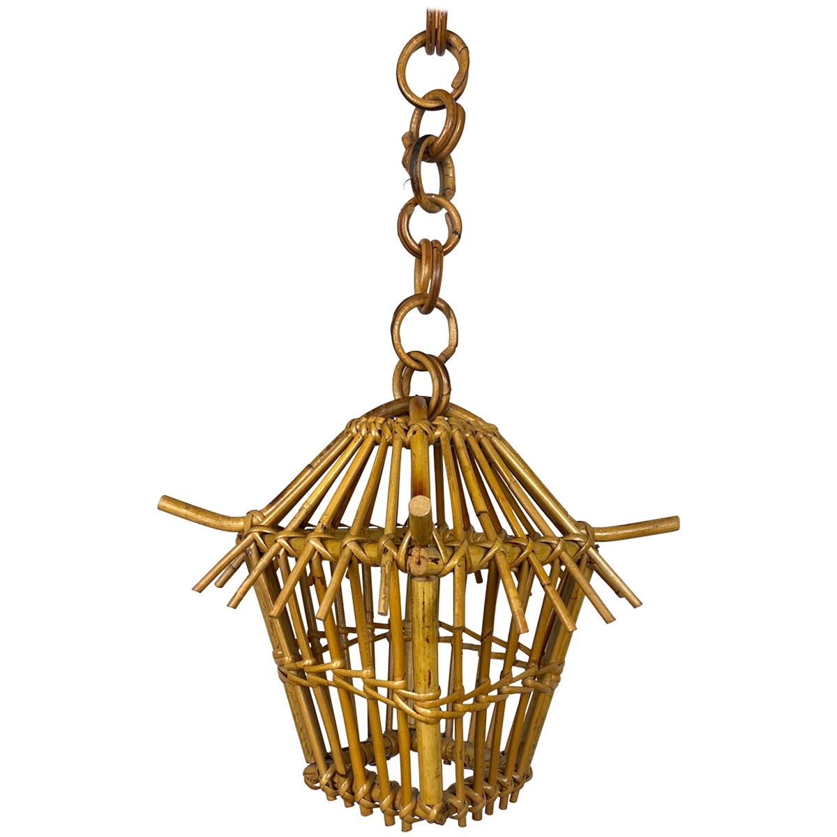 Bamboo and Rattan Lantern Chandelier Pendant, Italy, 1960s