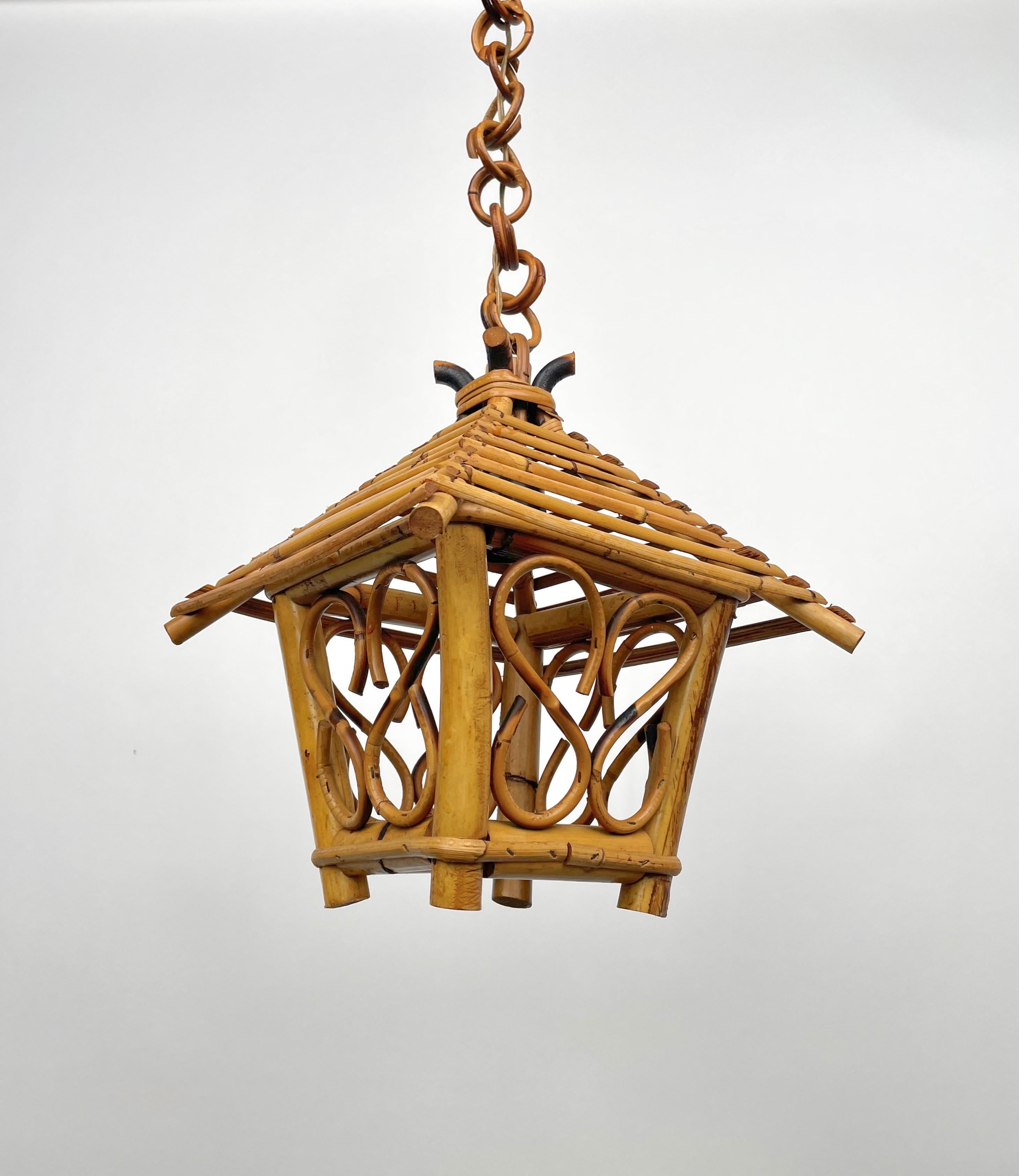 Mid-Century Modern Bamboo and Rattan Lantern Pendant, Italy, 1960s