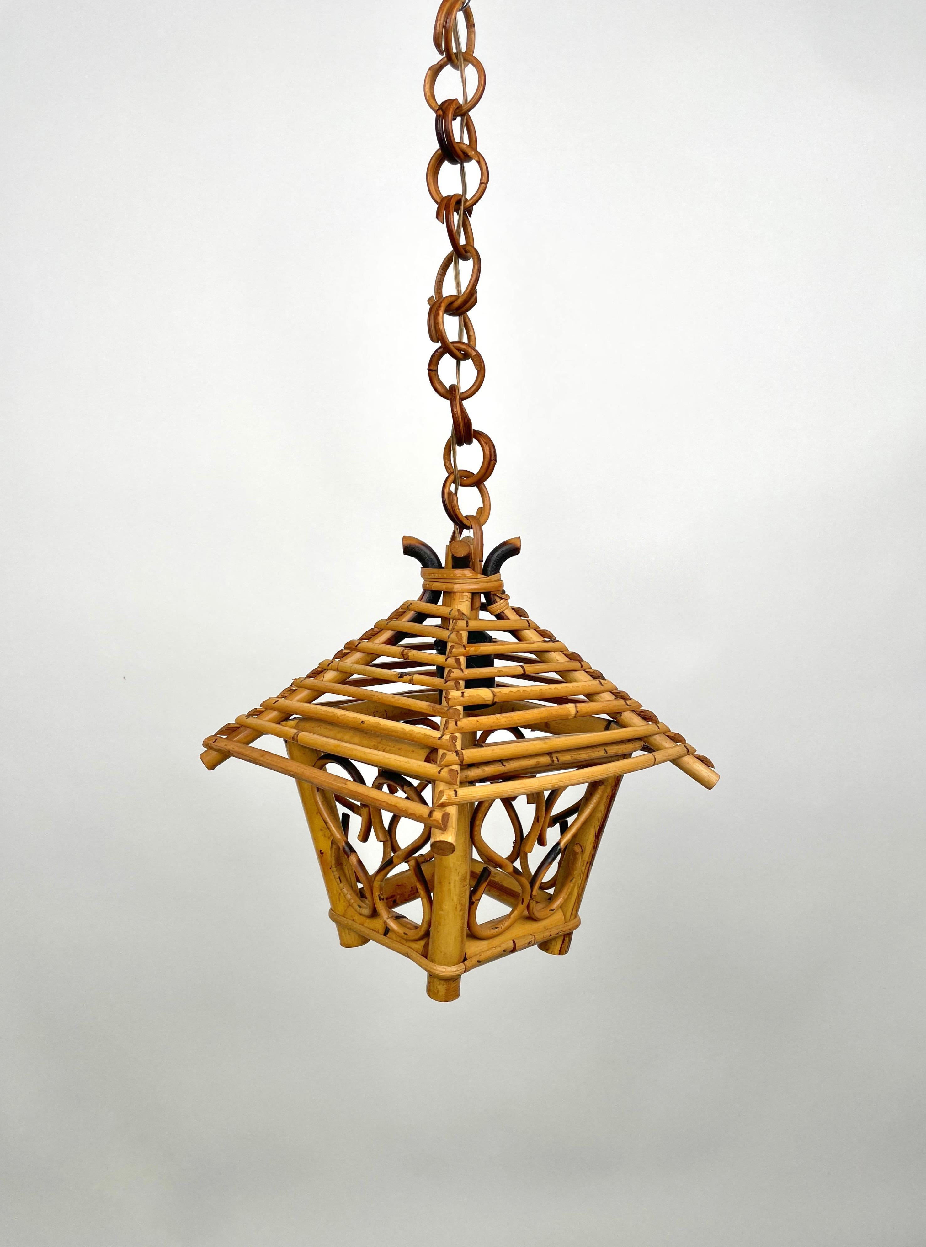 Bamboo and Rattan Lantern Pendant, Italy, 1960s In Good Condition In Rome, IT