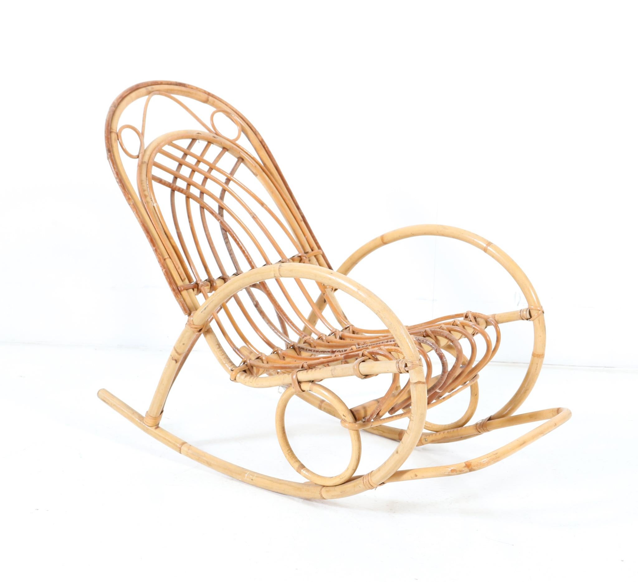 Late 20th Century Bamboo and Rattan Mid-Century Modern Children's Rocking Chair, 1970s For Sale