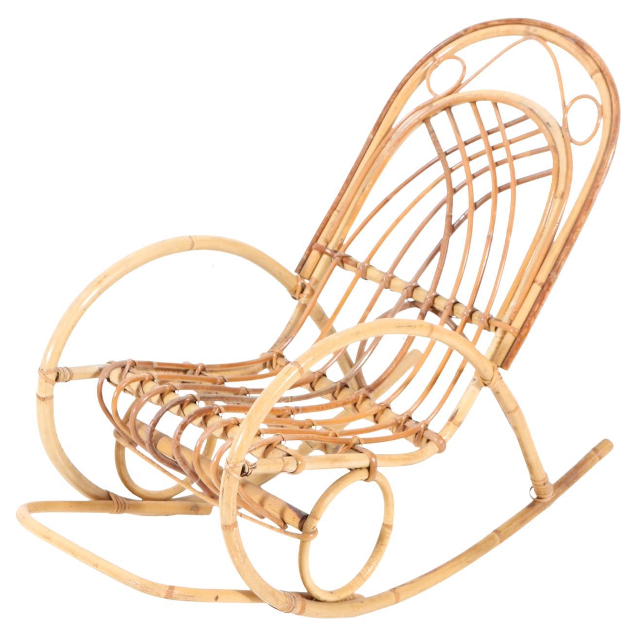 Bamboo and Rattan Mid-Century Modern Children's Rocking Chair, 1970s