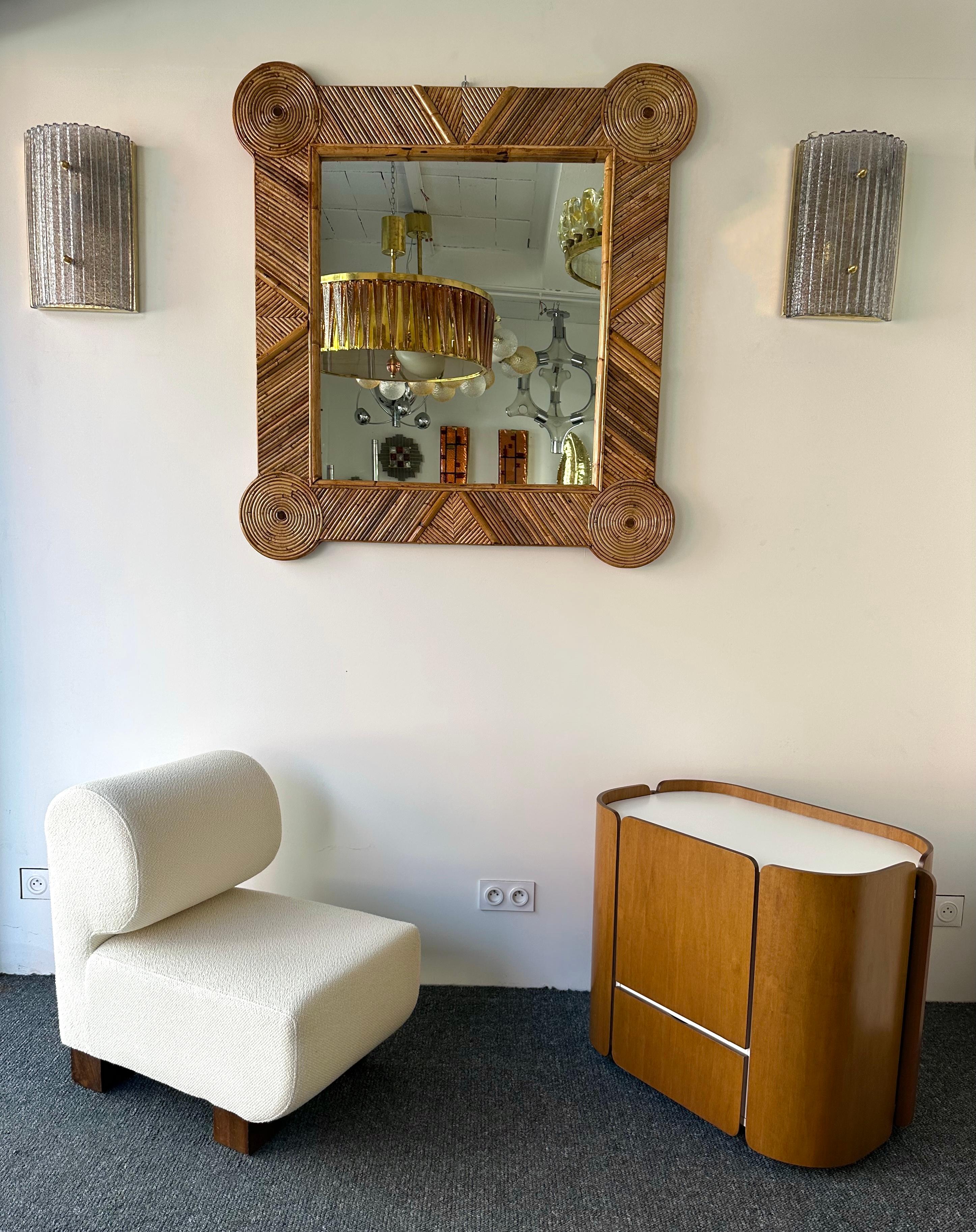 Large Mid-Century Modern Hollywood Regency wall mirror  bamboo, rattan raffia, wicker by the manufacture Vivai del Sud italian design. Original manufacture stamp on the back. Famous design like, Maison Arpex International, Dal Vera, Renato Zevi,