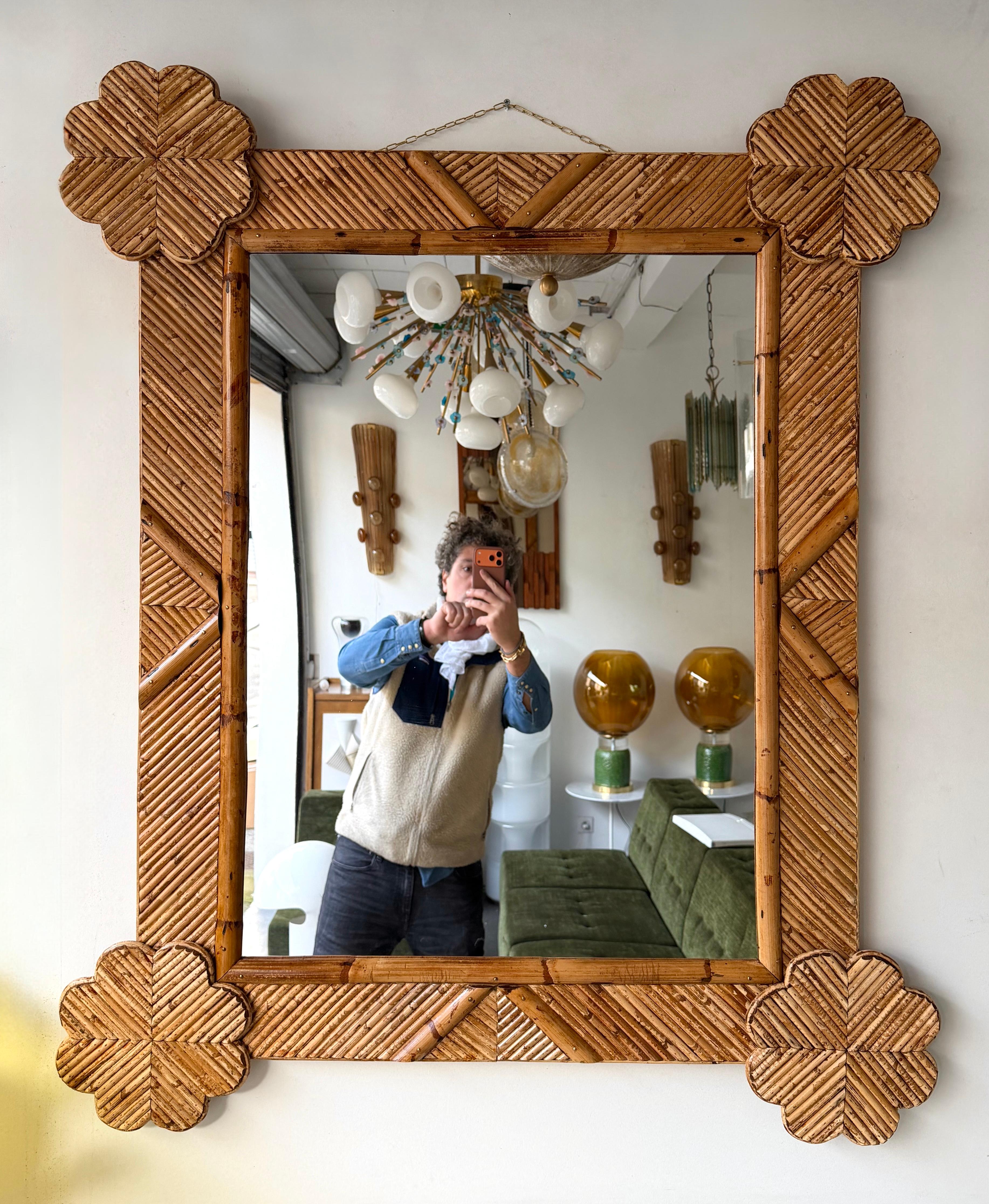 Mid-Century moderno Specchio in bambù e rattan di Vivai del Sud. Italia, anni '70