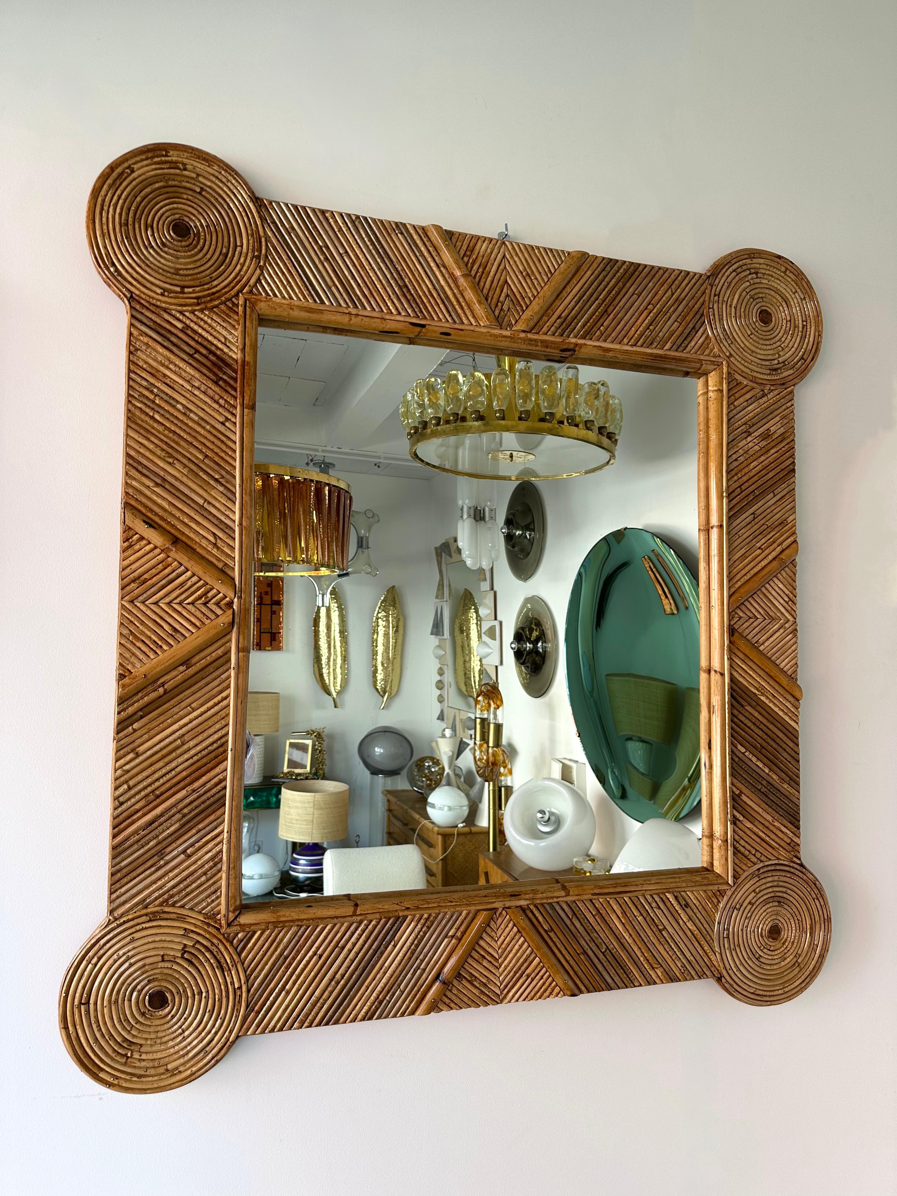 italien Bamboo and Rattan Mirror by Vivai Del Sud. Italy, 1970s en vente