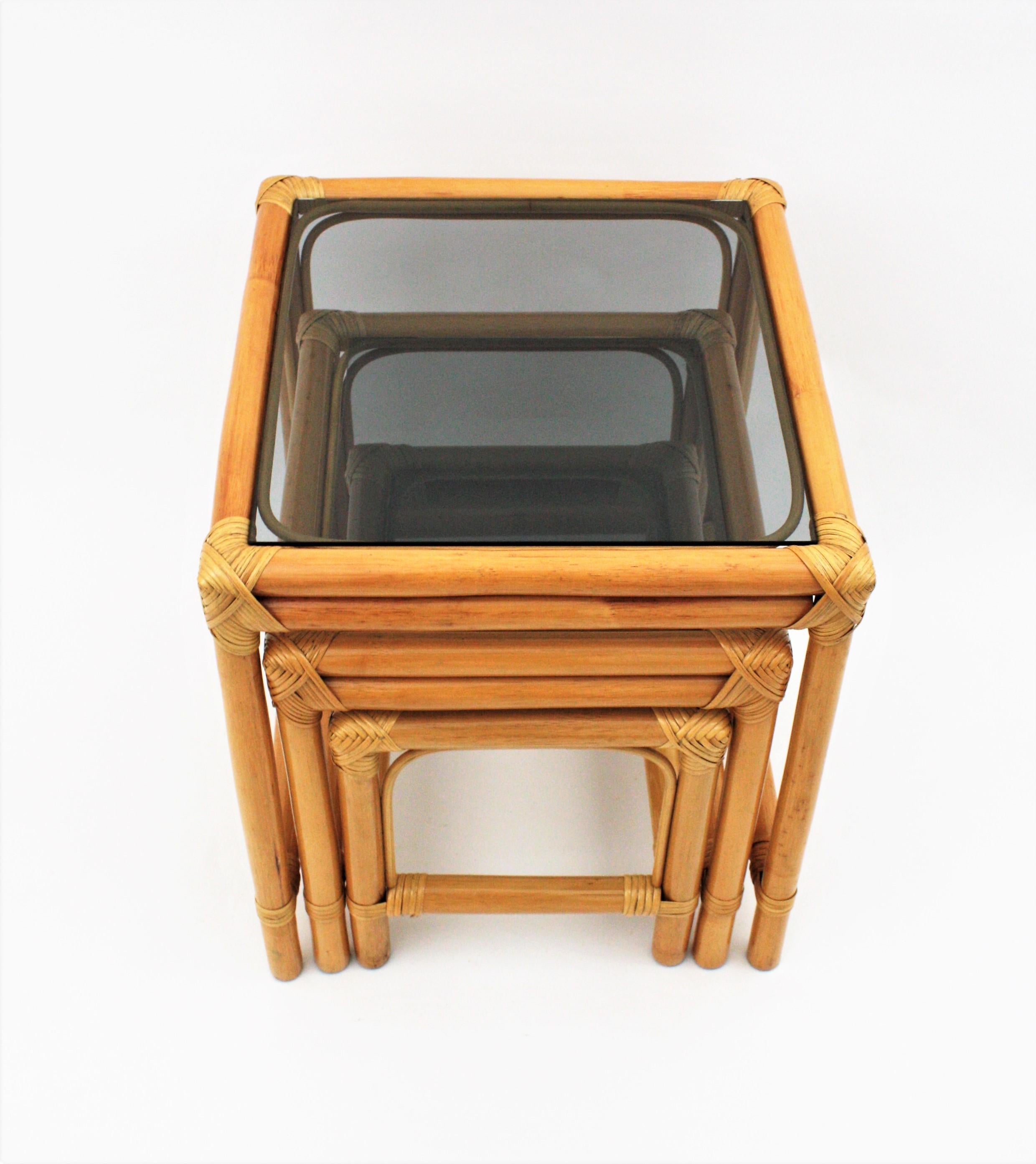 Bamboo and Rattan Nesting Tables with Smoked Glass Top 1