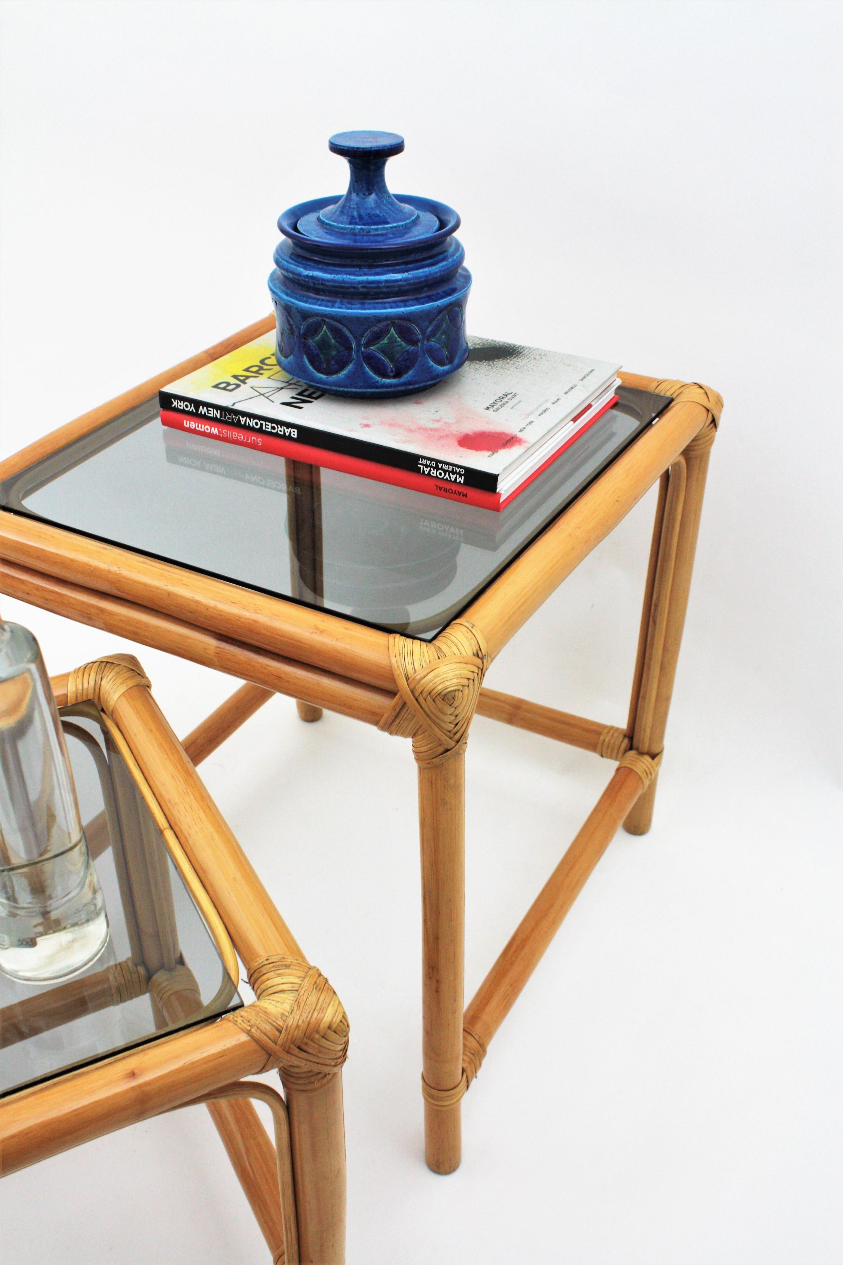 Bamboo and Rattan Nesting Tables with Smoked Glass Top 2