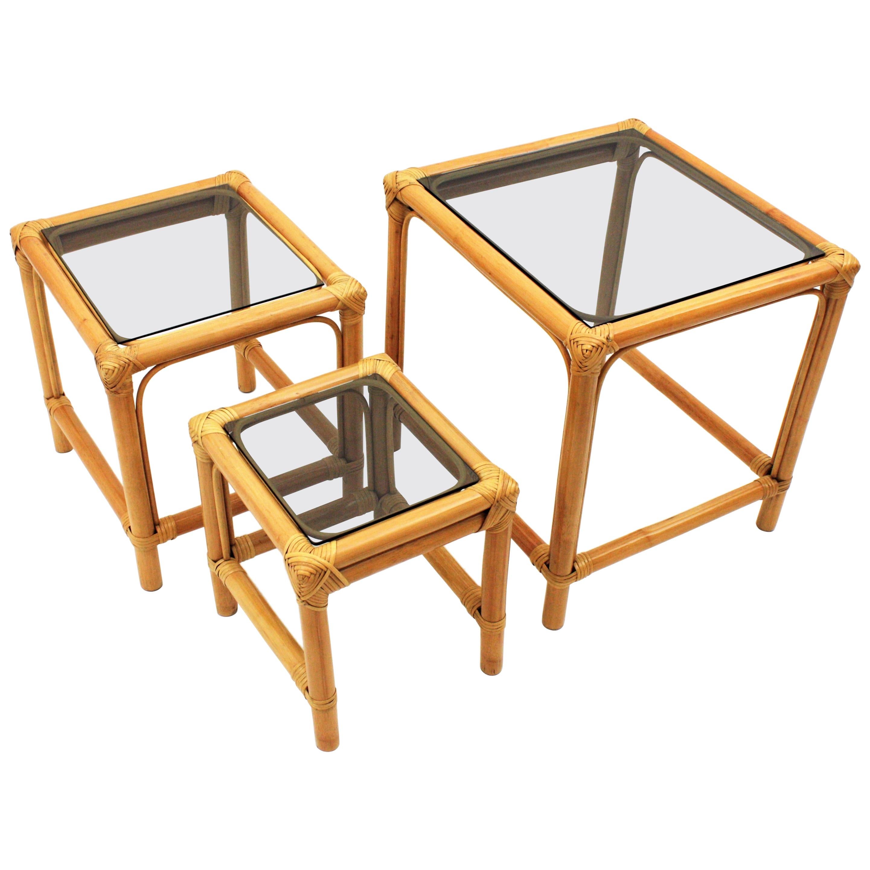 Bamboo and Rattan Nesting Tables with Smoked Glass Top 3