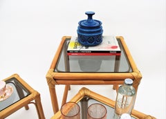 Bamboo and Rattan Nesting Tables with Smoked Glass Top