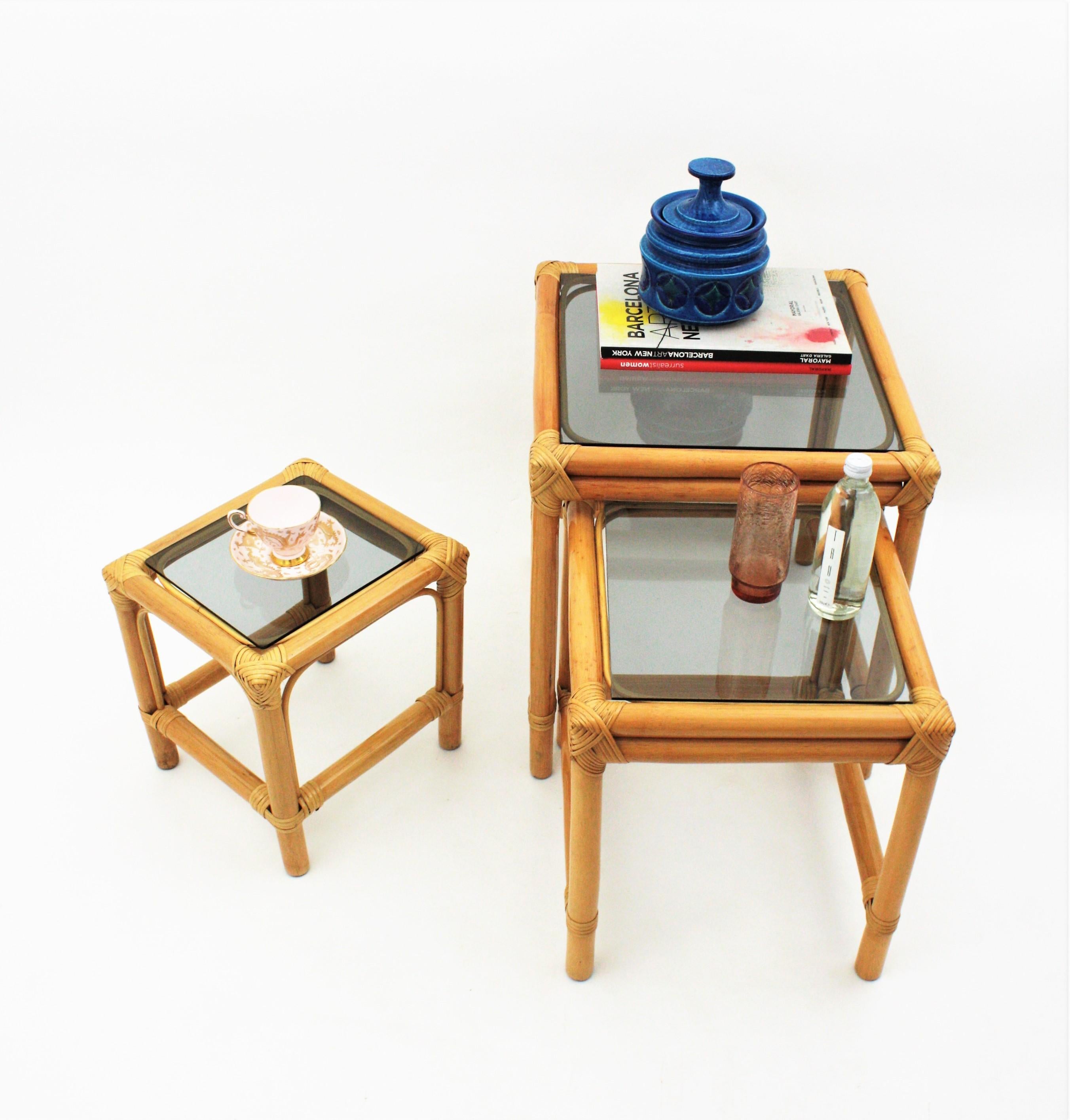 Mid-Century Modern Bamboo and Rattan Nesting Tables with Smoked Glass Top