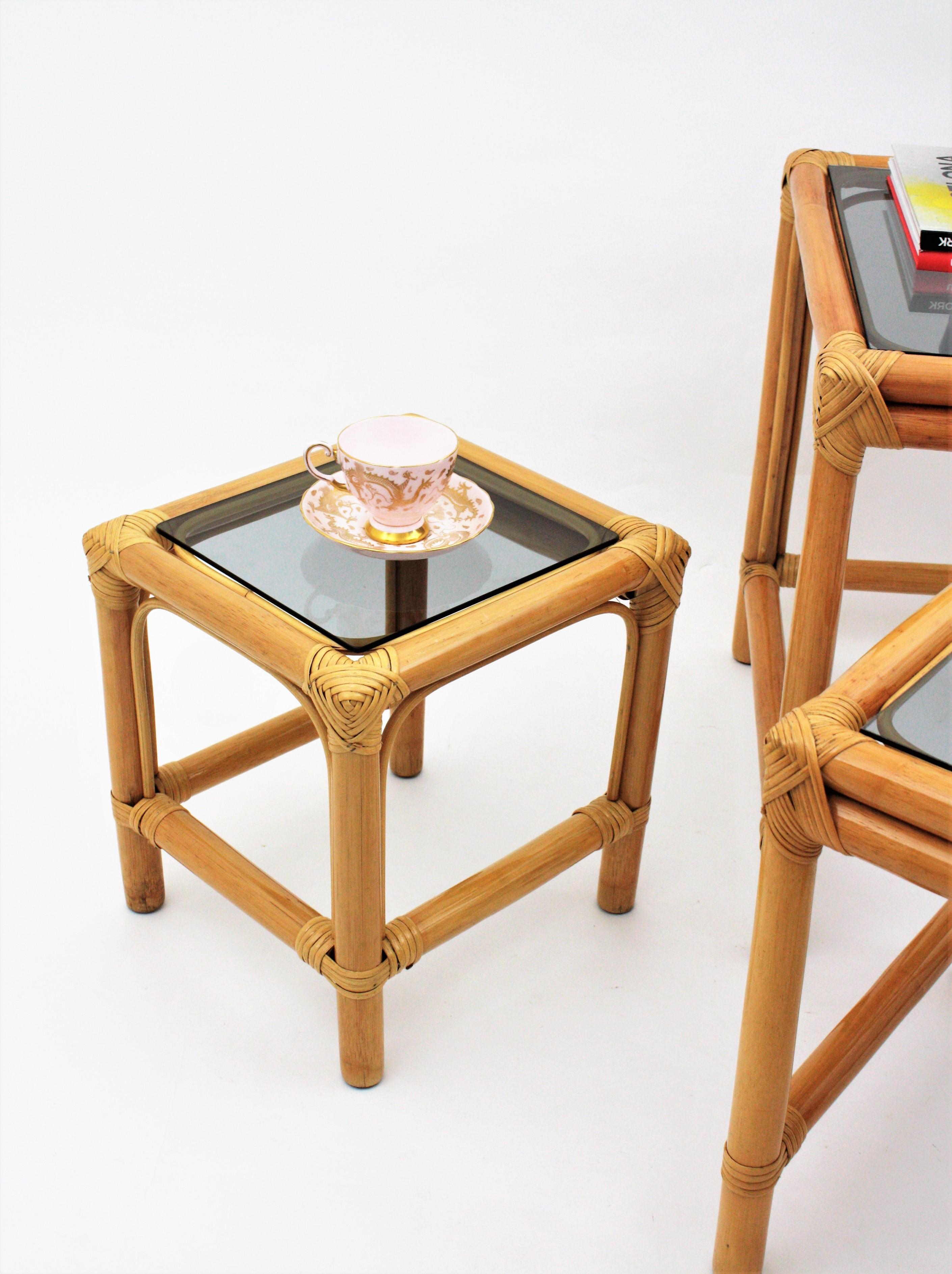 Spanish Bamboo and Rattan Nesting Tables with Smoked Glass Top