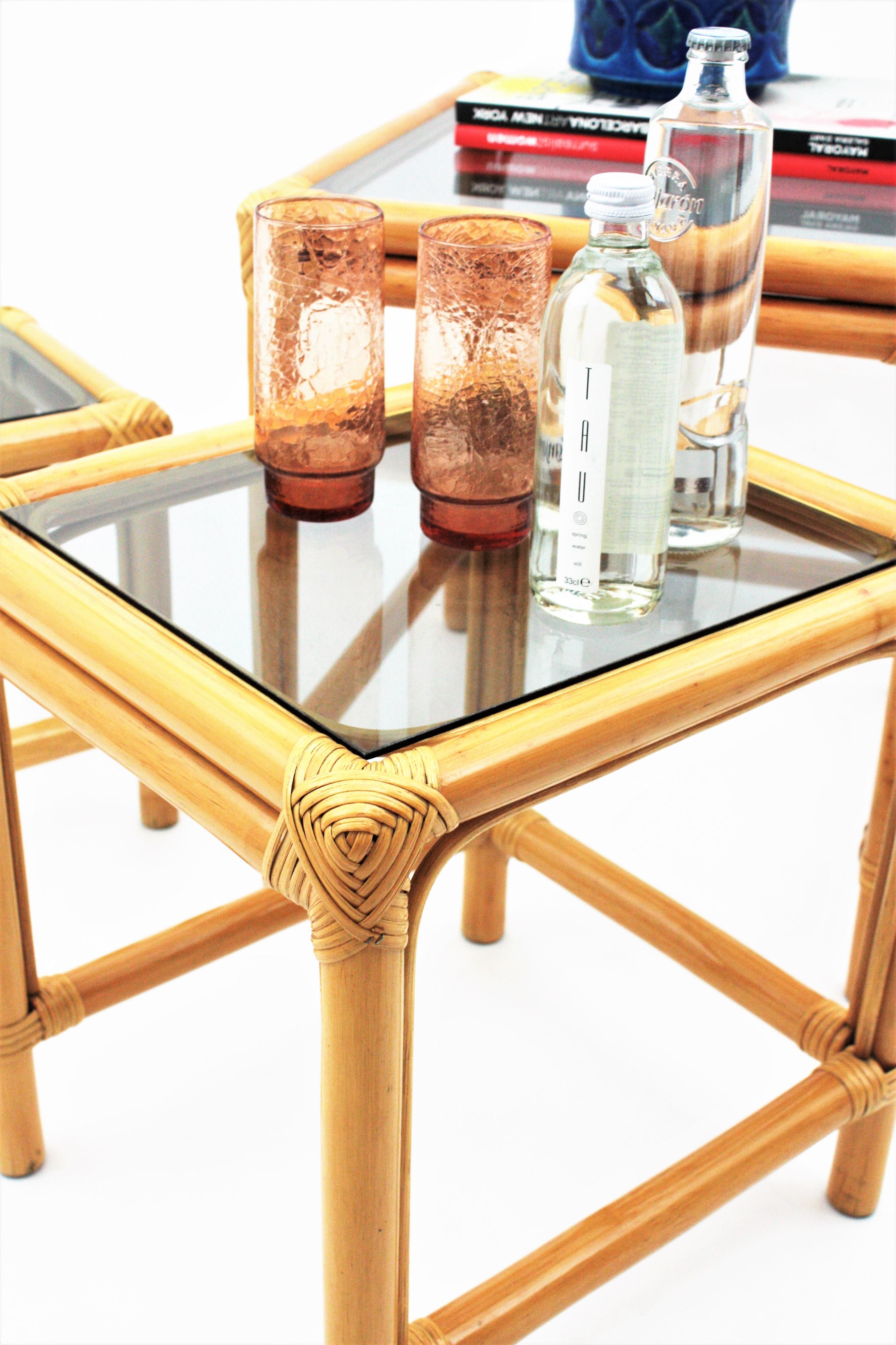 20th Century Bamboo and Rattan Nesting Tables with Smoked Glass Top