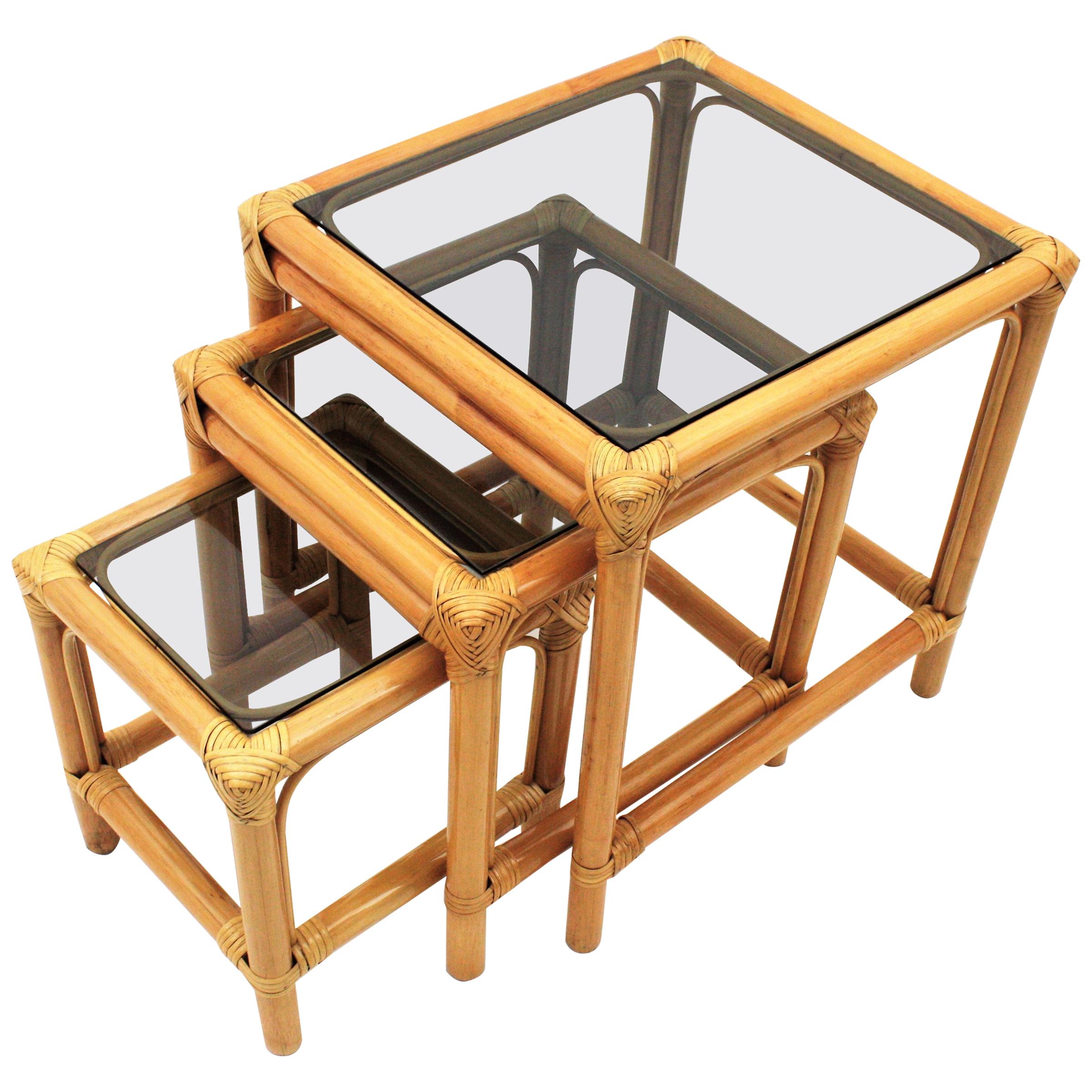 Bamboo and Rattan Nesting Tables with Smoked Glass Top