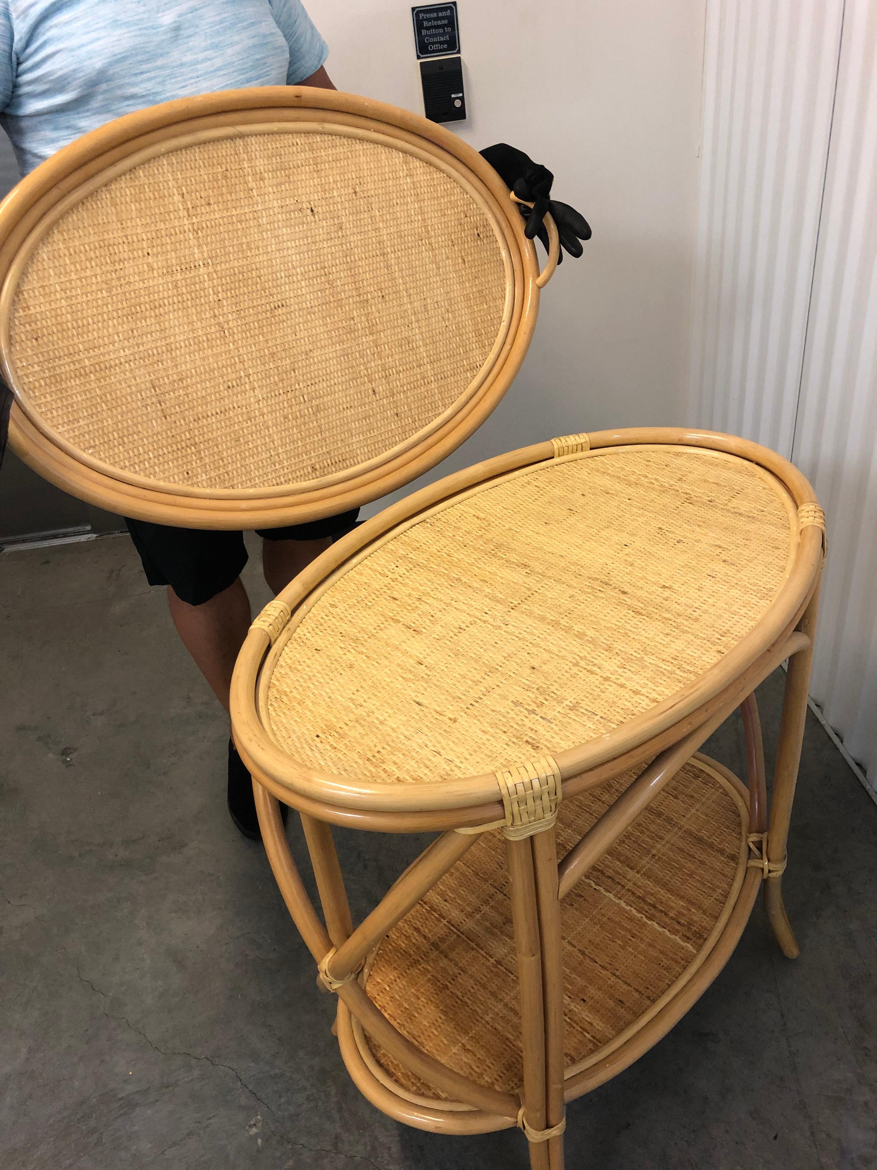 Bamboo and Rattan Oval Bar Cart In Good Condition In Oakland Park, FL