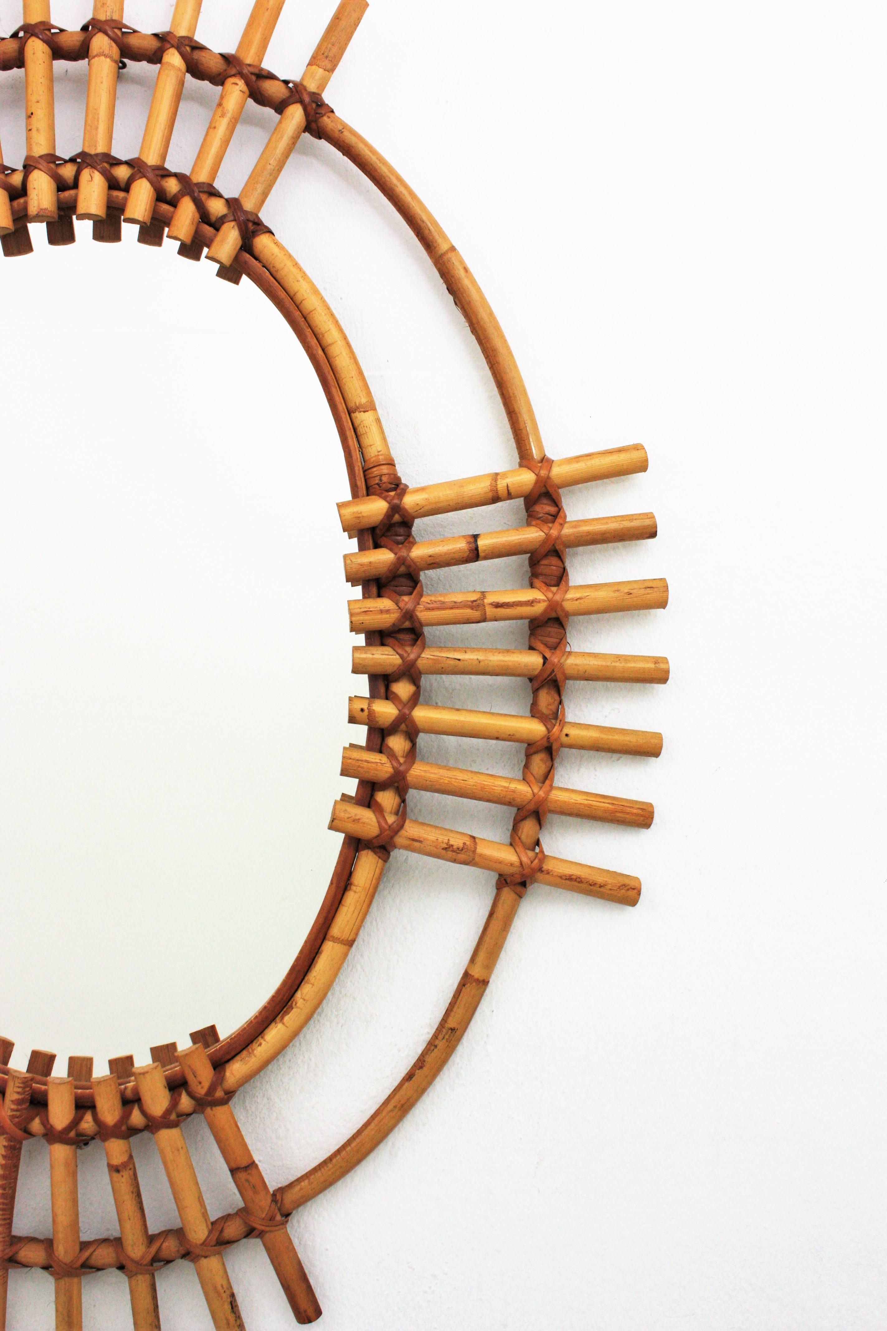 Mid-Century Modern Bamboo and Rattan Oval Sunburst Mirror from Spain