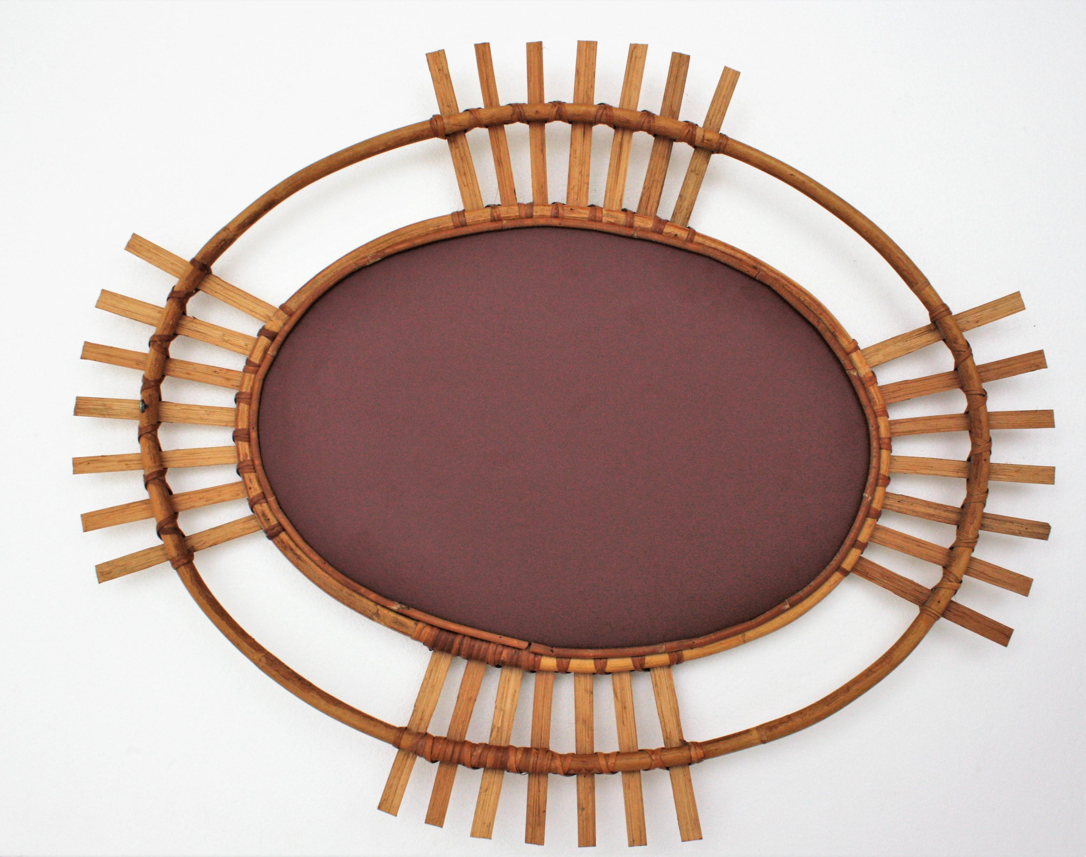 Bamboo and Rattan Oval Sunburst Mirror from Spain In Good Condition In Barcelona, ES