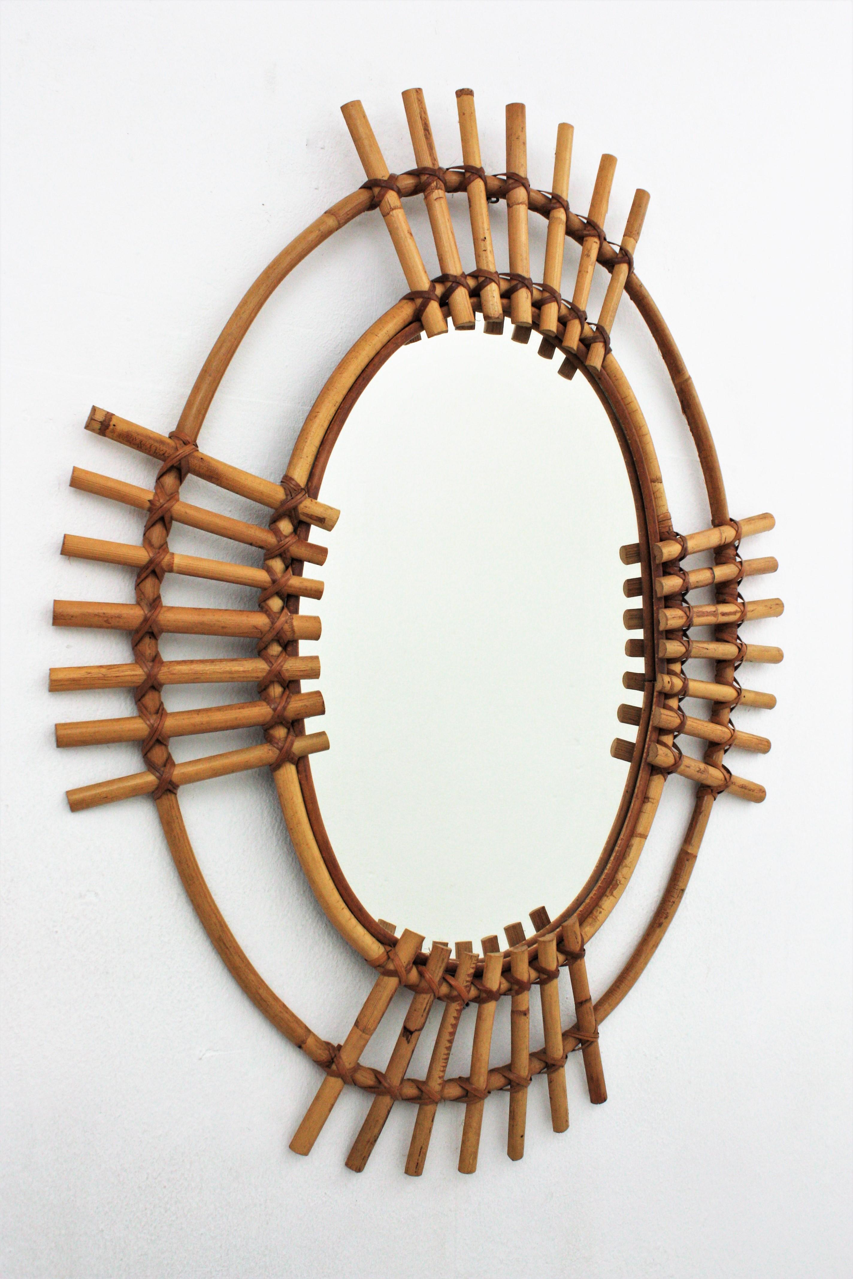 20th Century Bamboo and Rattan Oval Sunburst Mirror from Spain