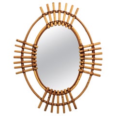 Vintage Bamboo and Rattan Oval Sunburst Mirror from Spain