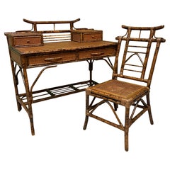 Bamboo and Rattan Pagoda Style Writing Desk and Chair